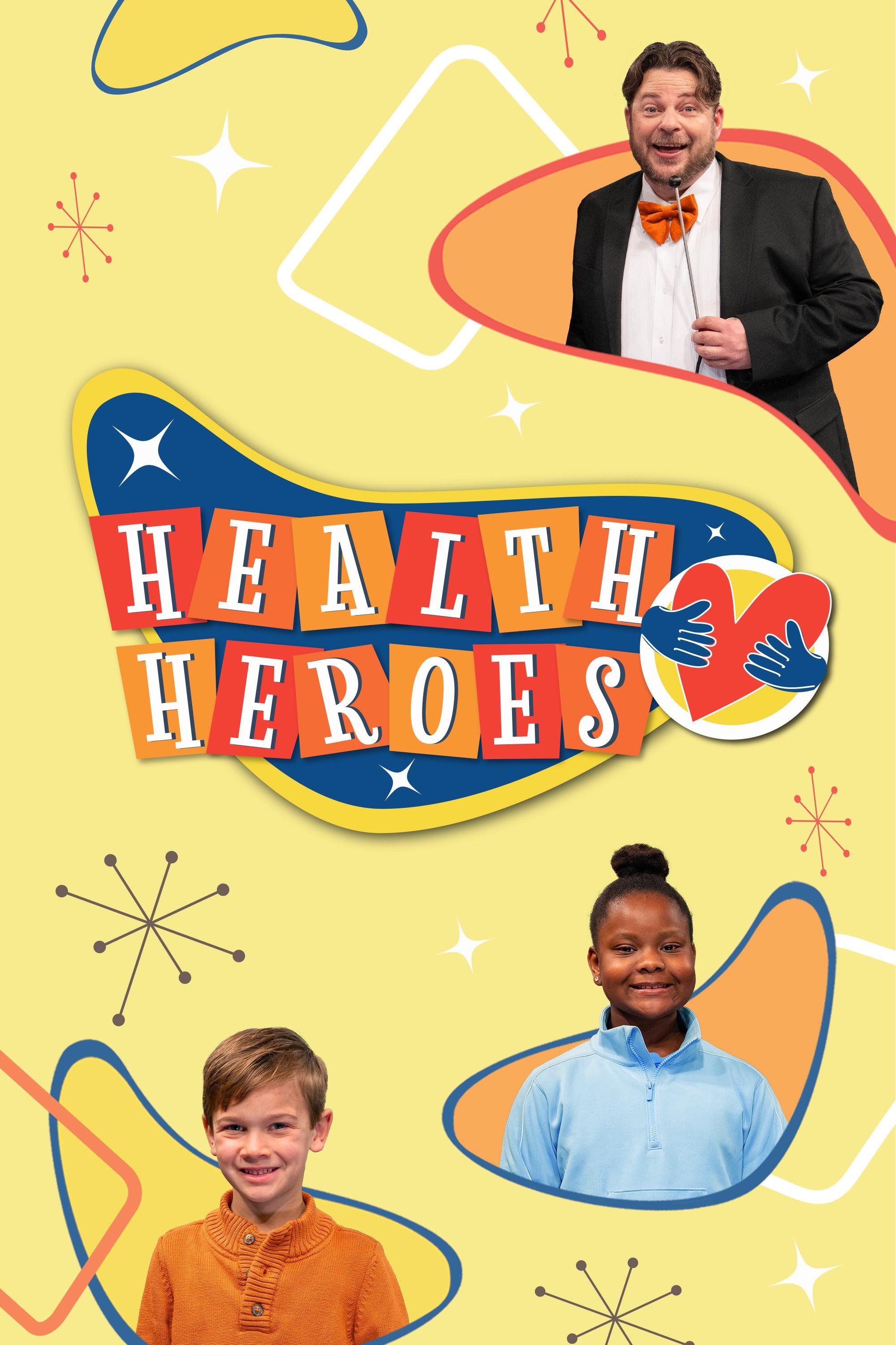 Host of Health Heroes, Garin Hyde, contestants Olivia and Connor and and the logo.