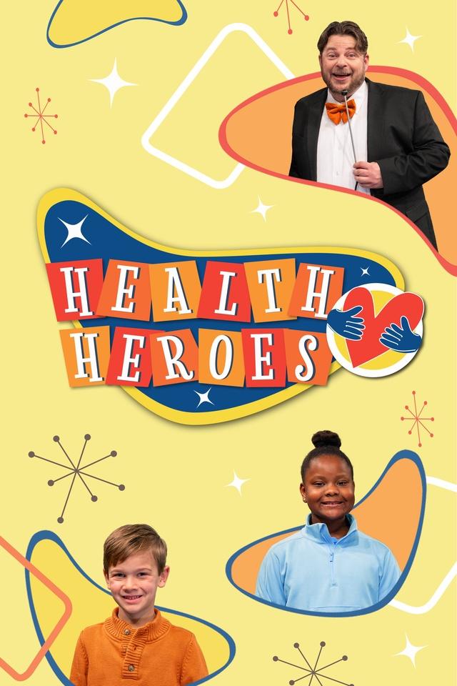 Host of Health Heroes, Garin Hyde, contestants Olivia and Connor and and the logo.