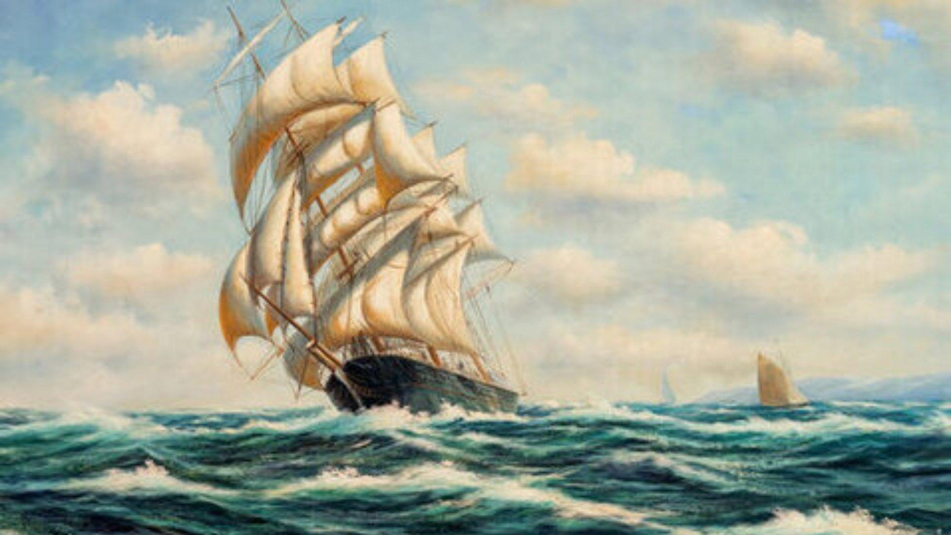 A historic painting of a ship on the sea.