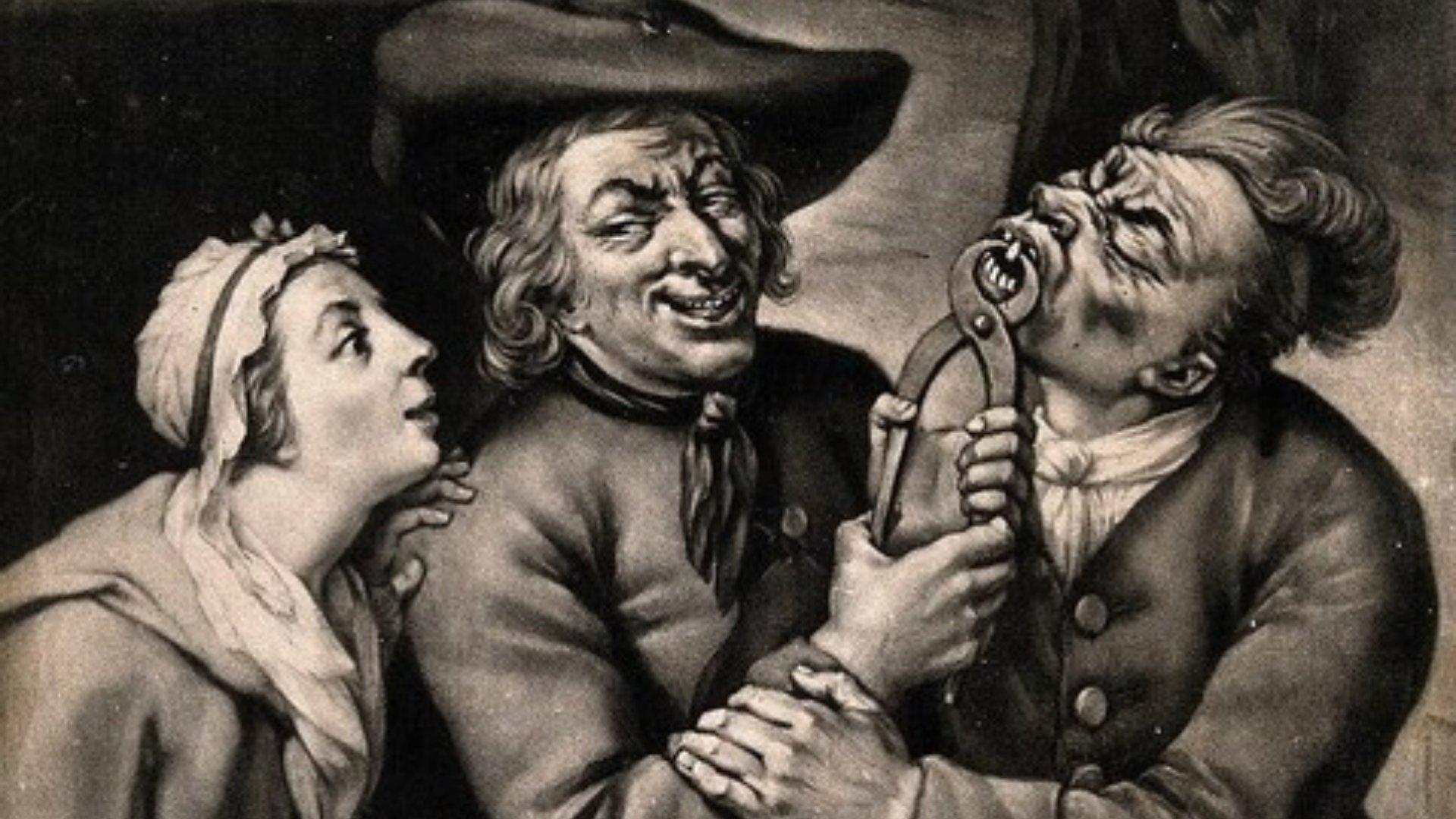 An old graphic of a dentist pulling out a man's tooth with a woman looking over his shoulder.