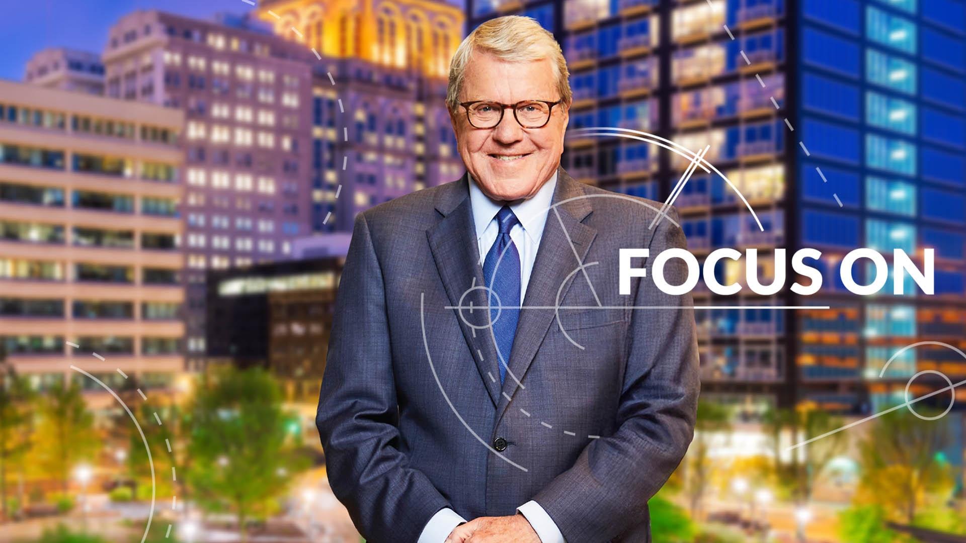 David Crabtree, CEO of PBS North Carolina next to the Focus On logo with a tan background.
