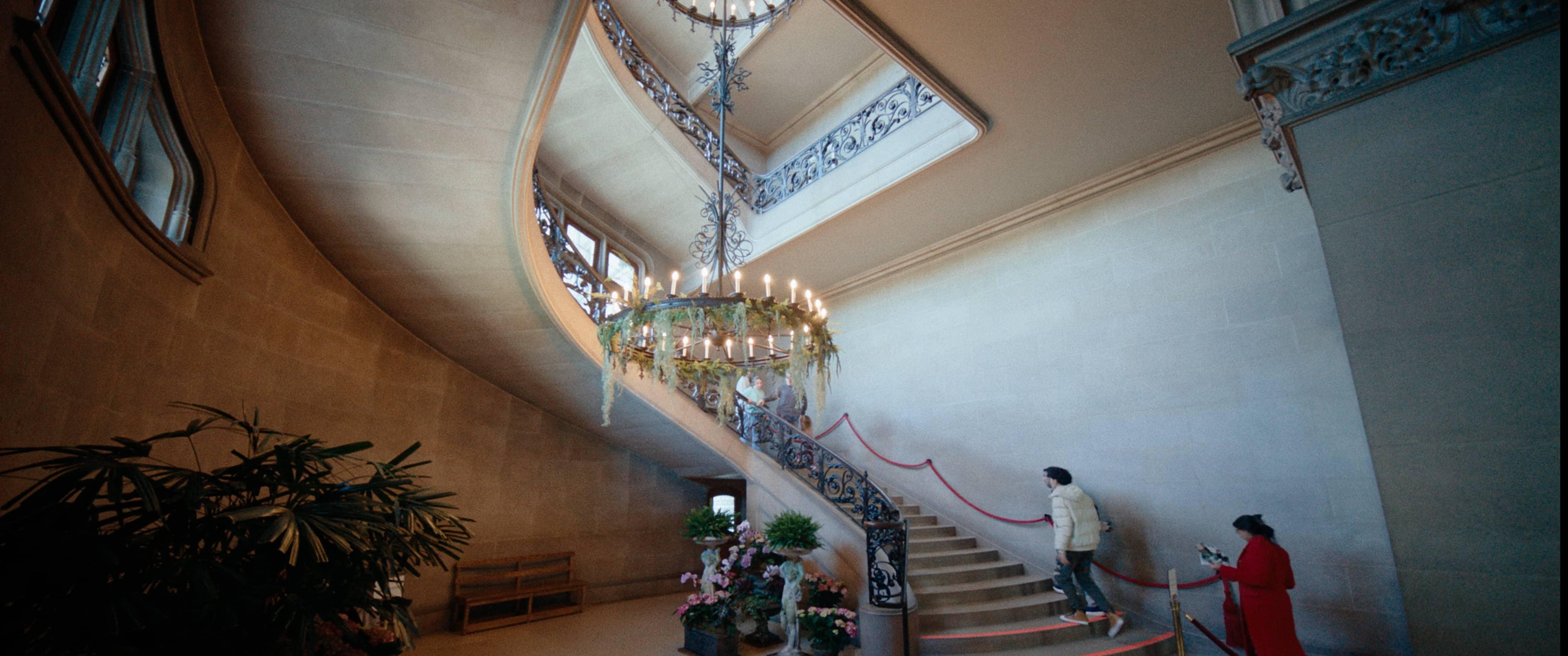 Production image from film, Grand Staircase, Biltmore Estate.