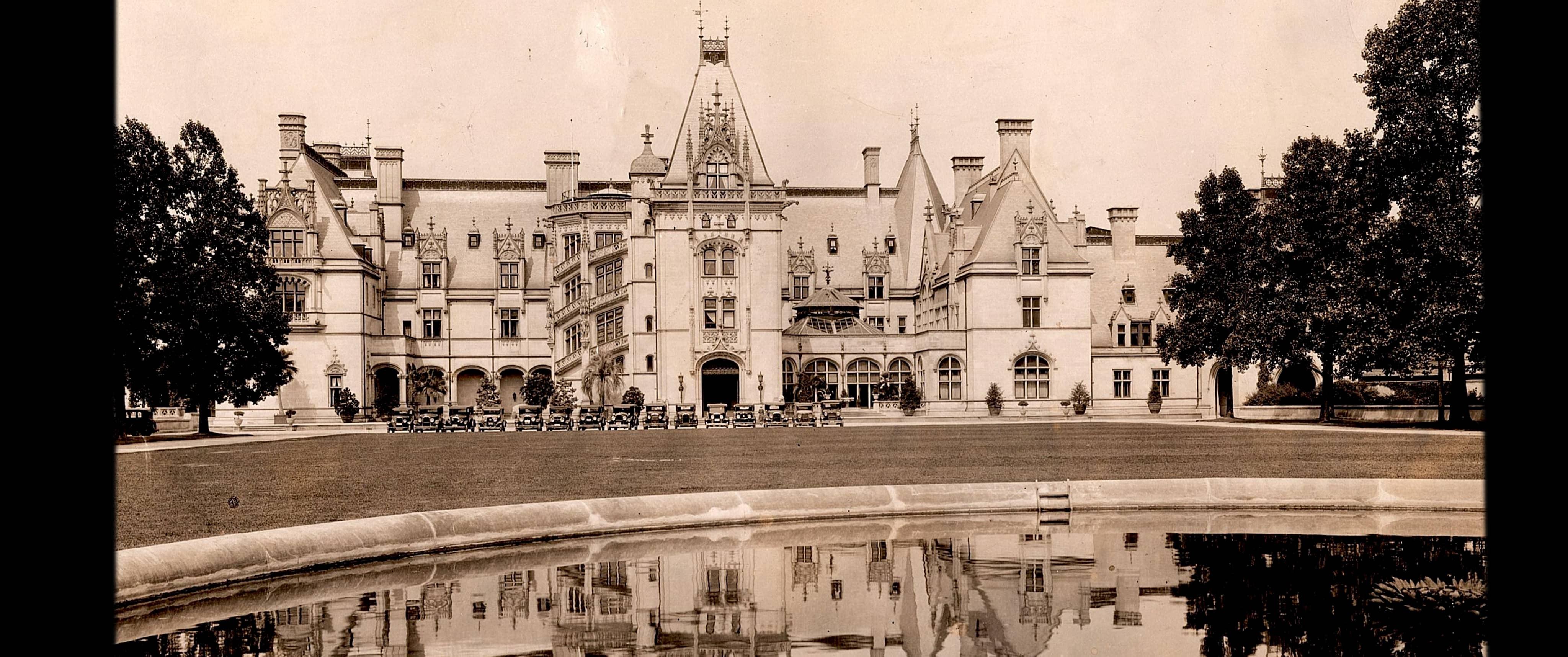 George Masa photo, Exterior facade with reflecting pool, Biltmore Estate.