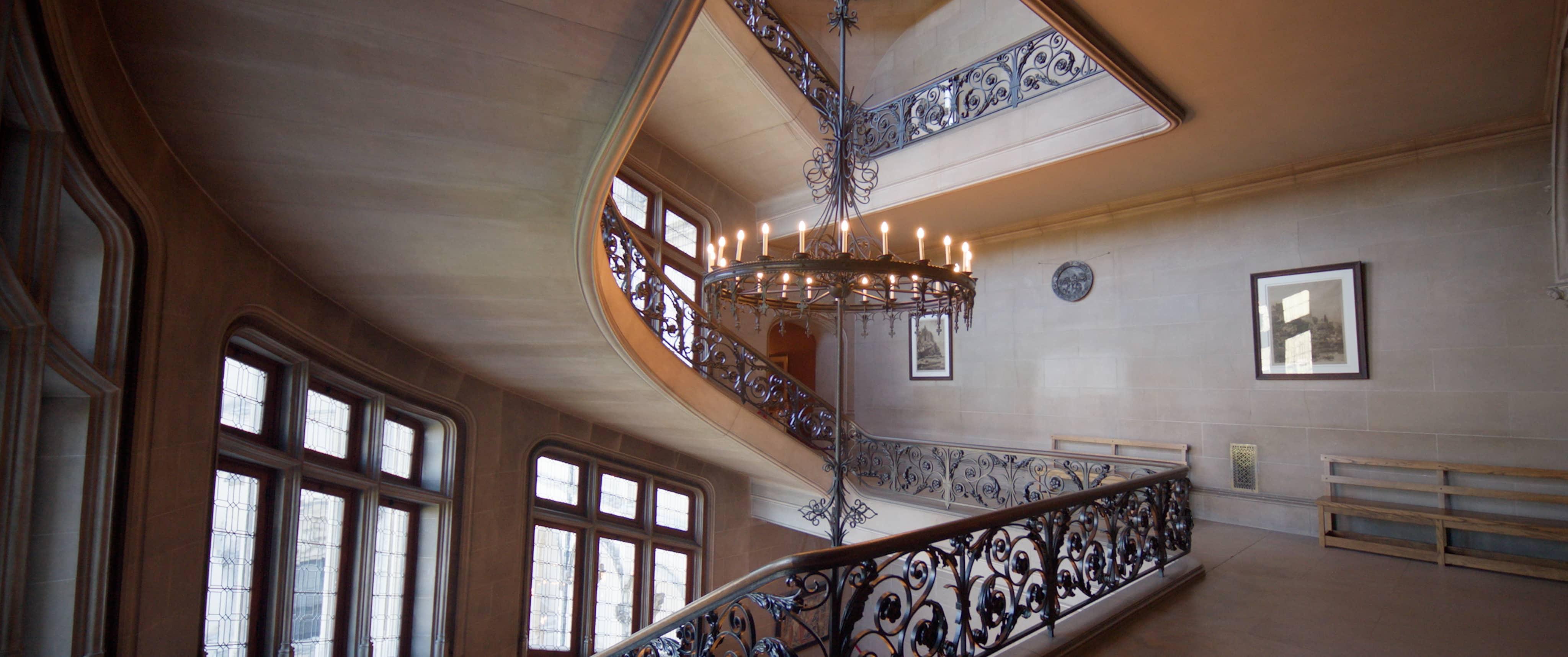 Production image from film, Grand Staircase, 2nd floor, Biltmore Estate.