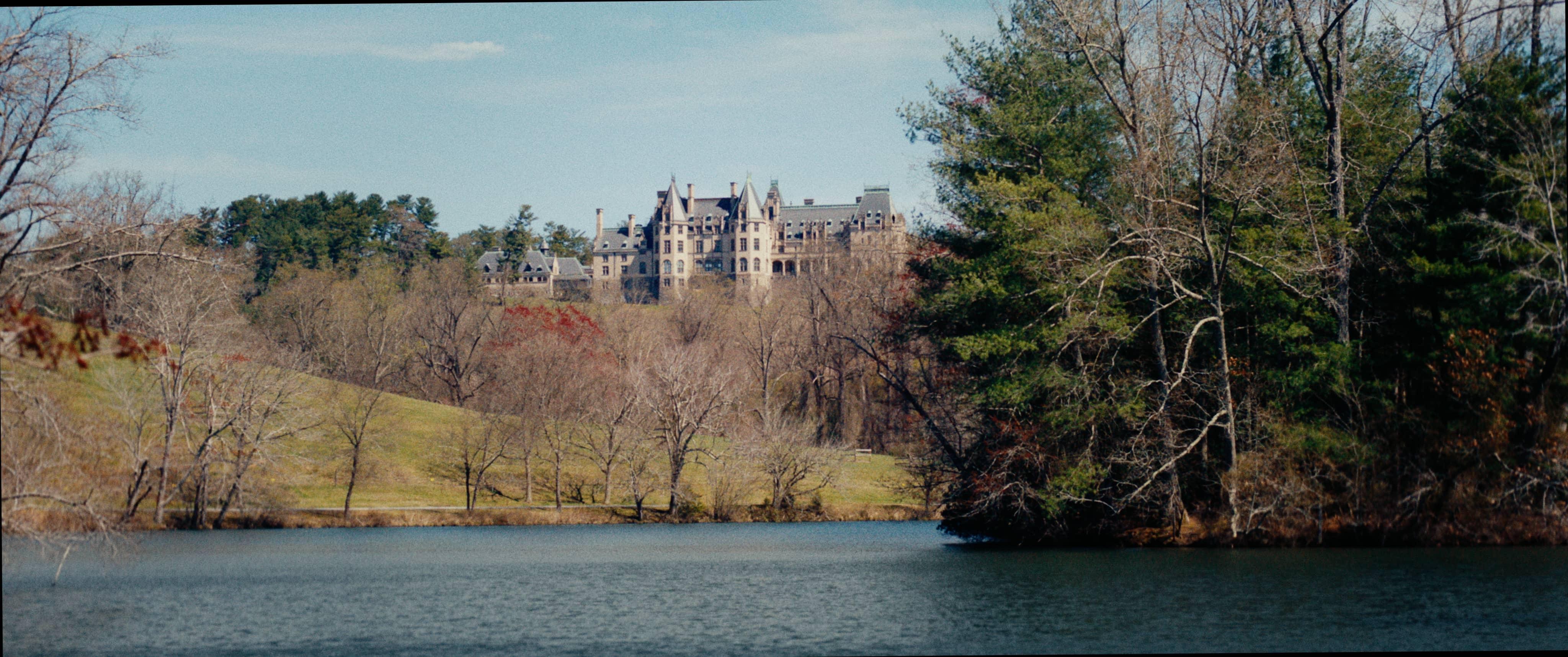 Production image from film, Exterior facade from Lagoon, Biltmore Estate.