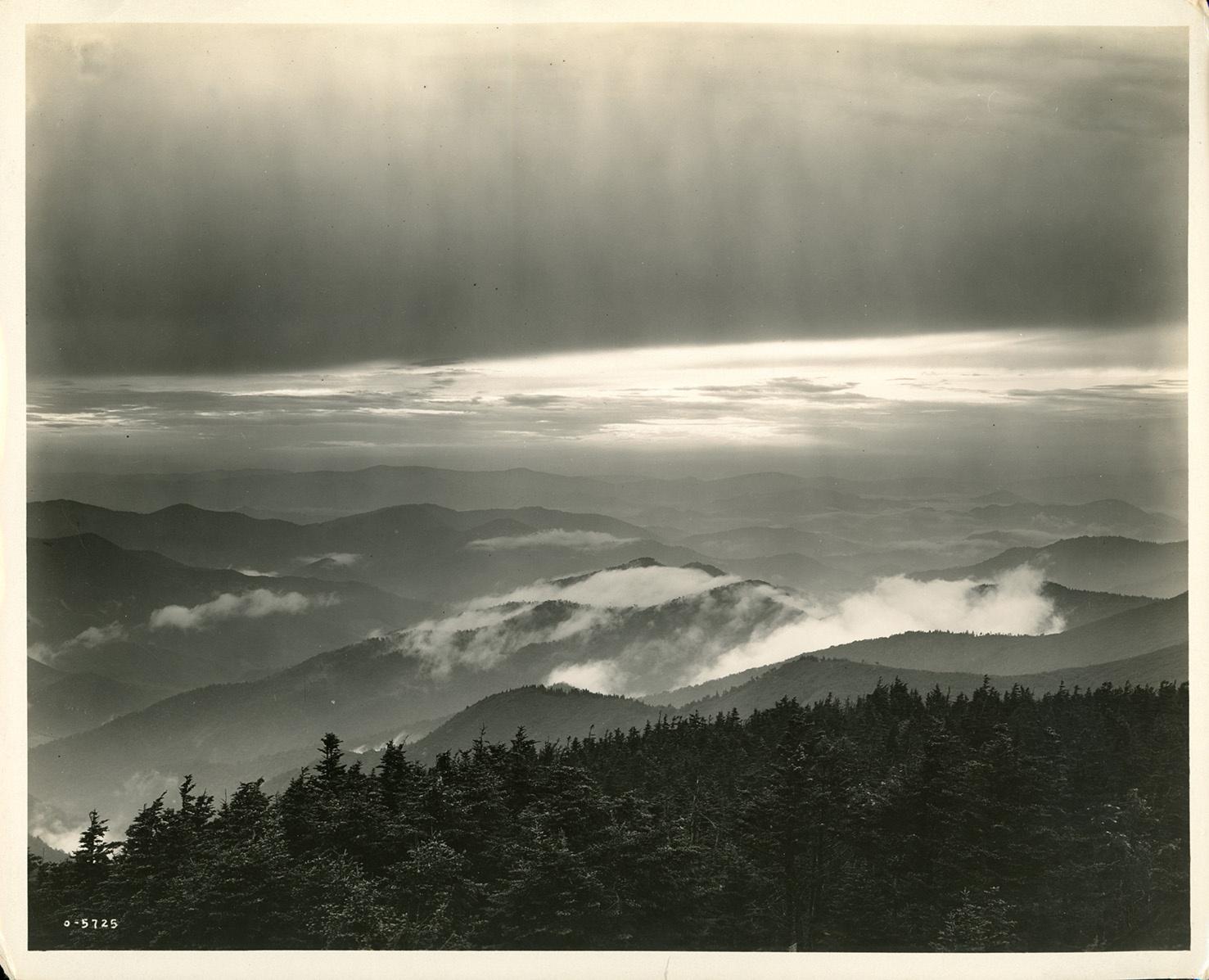 A monotone image of the Blue Ridge Mountains taken by George Masa.