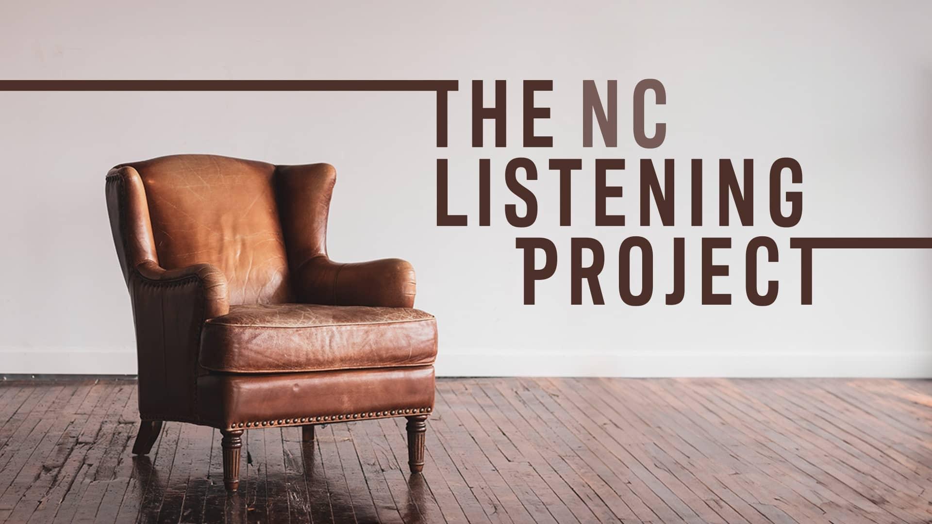 A dark brown worn leather chair in a room with wood floors and a pale gray wall, with the logo "The NC Listening Project."