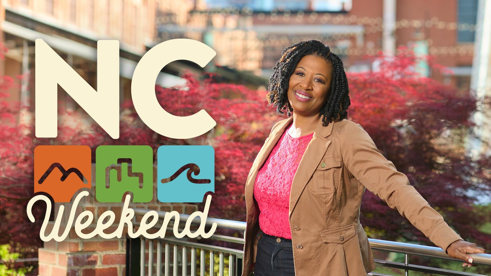 Host of NC Weekend Deborah Holt Noel next to the NC Weekend logo.
