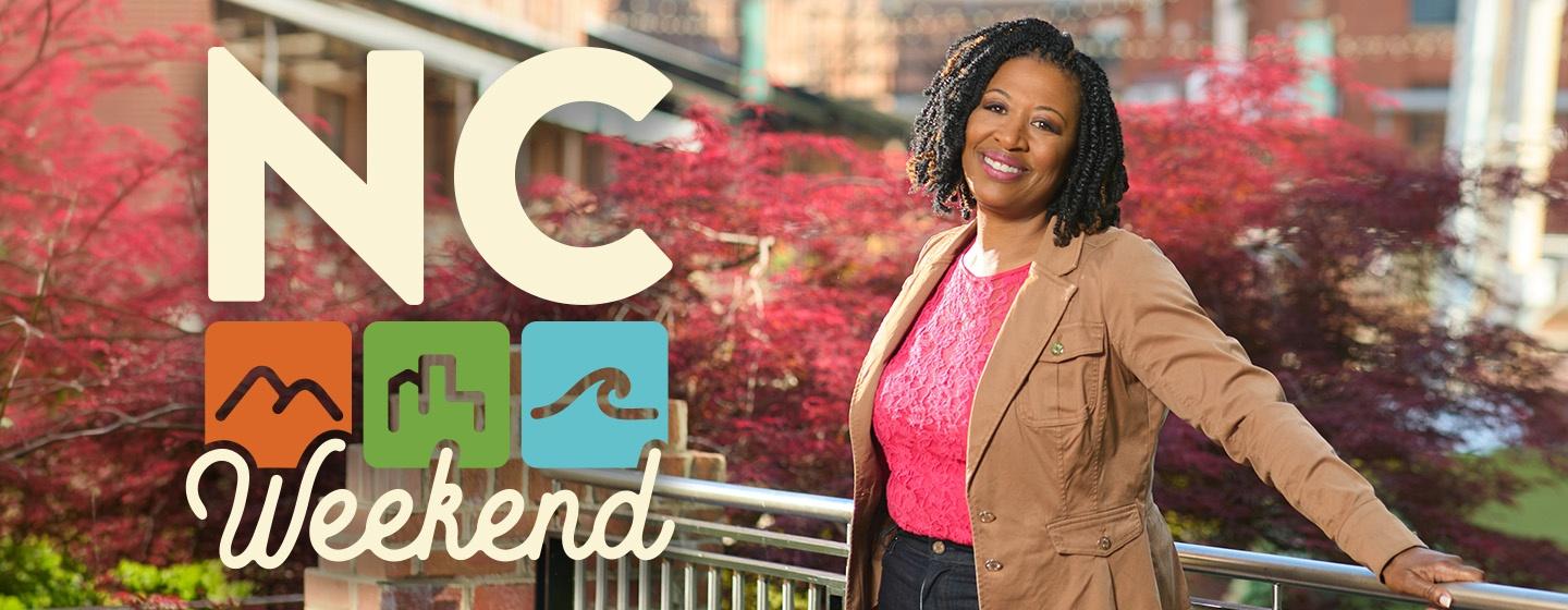 Host of NC Weekend Deborah Holt Noel next to the NC Weekend logo.