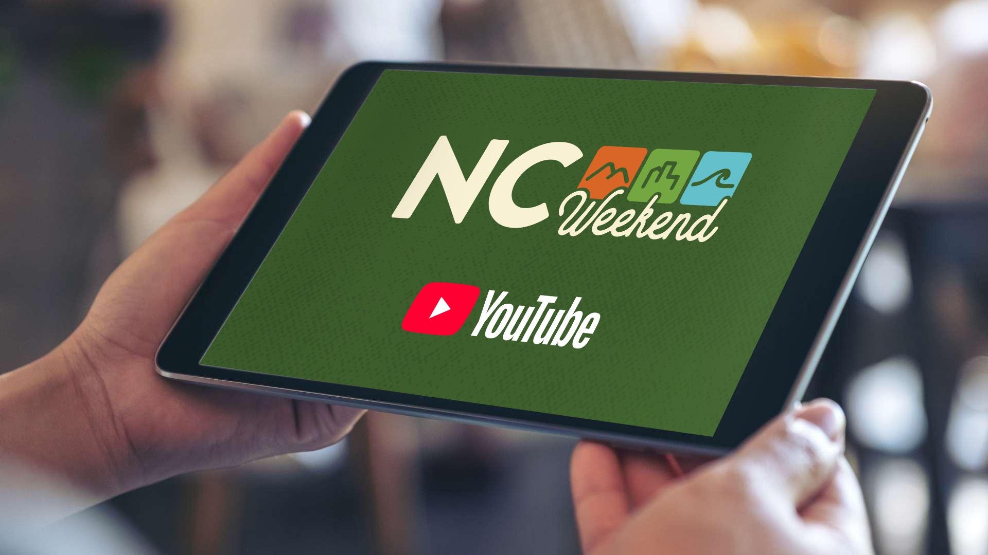 The NC Weekend logo and the YouTube logo shown on an iPad.
