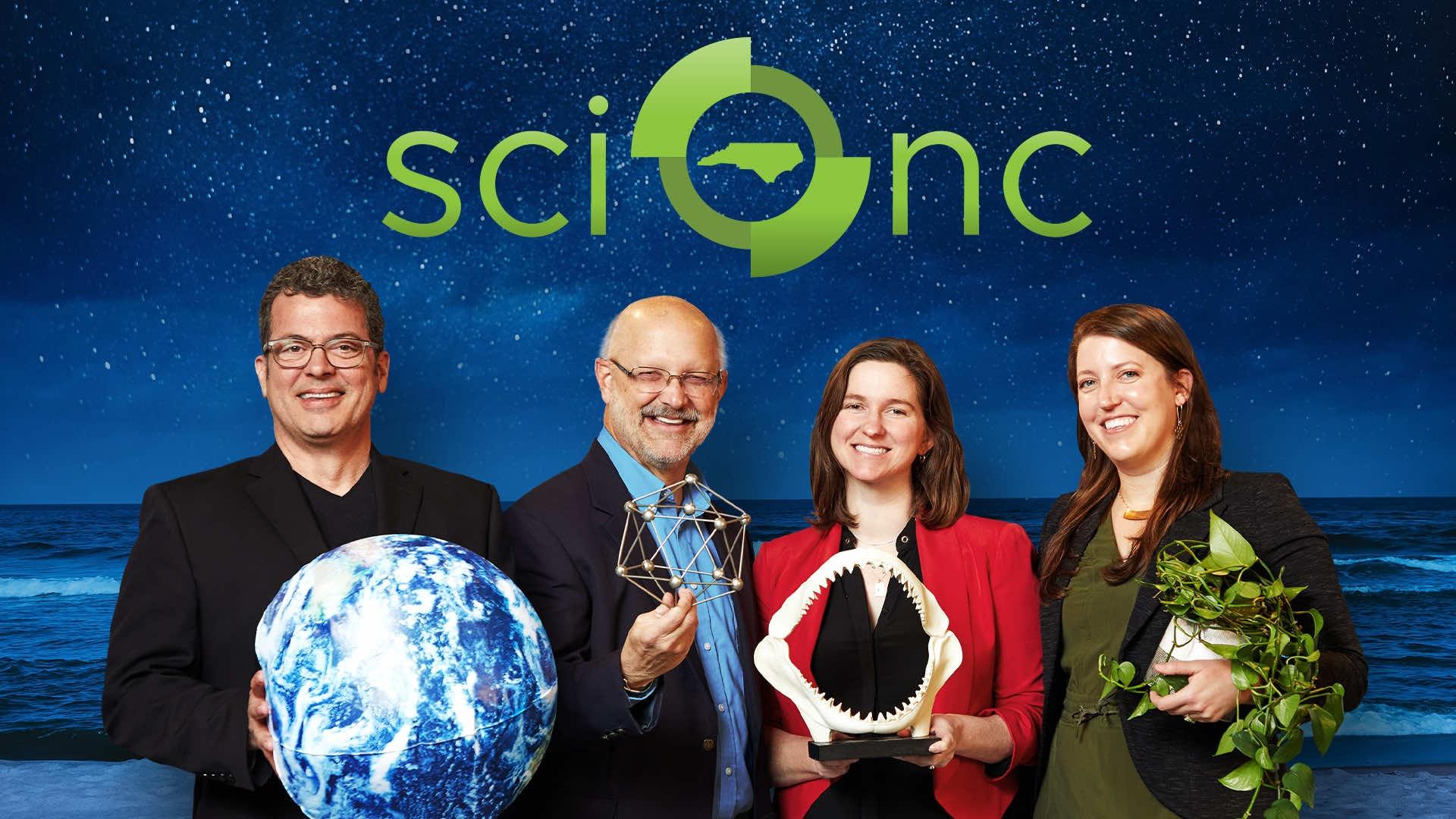 Sci NC contributors Evan Howell, Frank Graff, Rossie Izlar and Michelle Lotker stand in front of a blue background with the Sci NC logo.