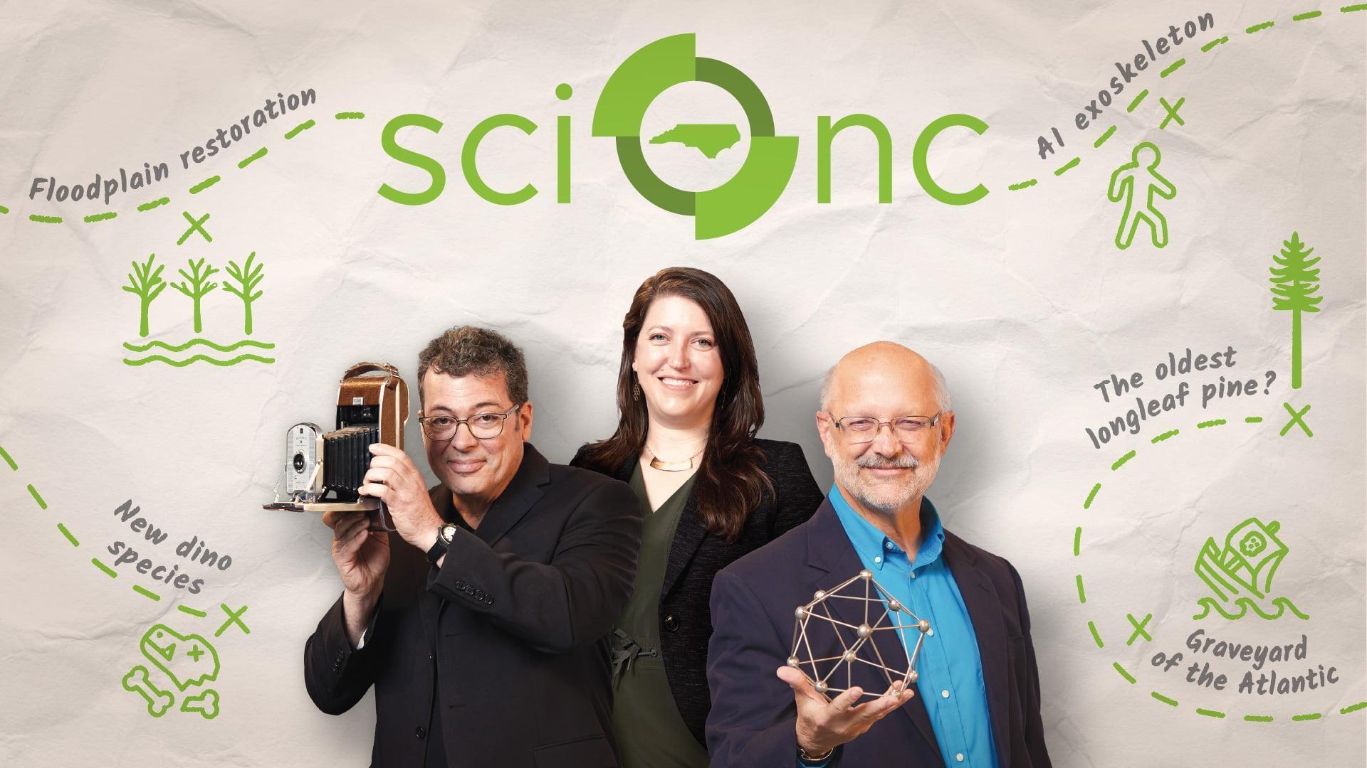 Sci NC contributors Evan Howell, Michelle Lotker and  Frank Graff stand in front of a paper map background with the Sci NC logo.