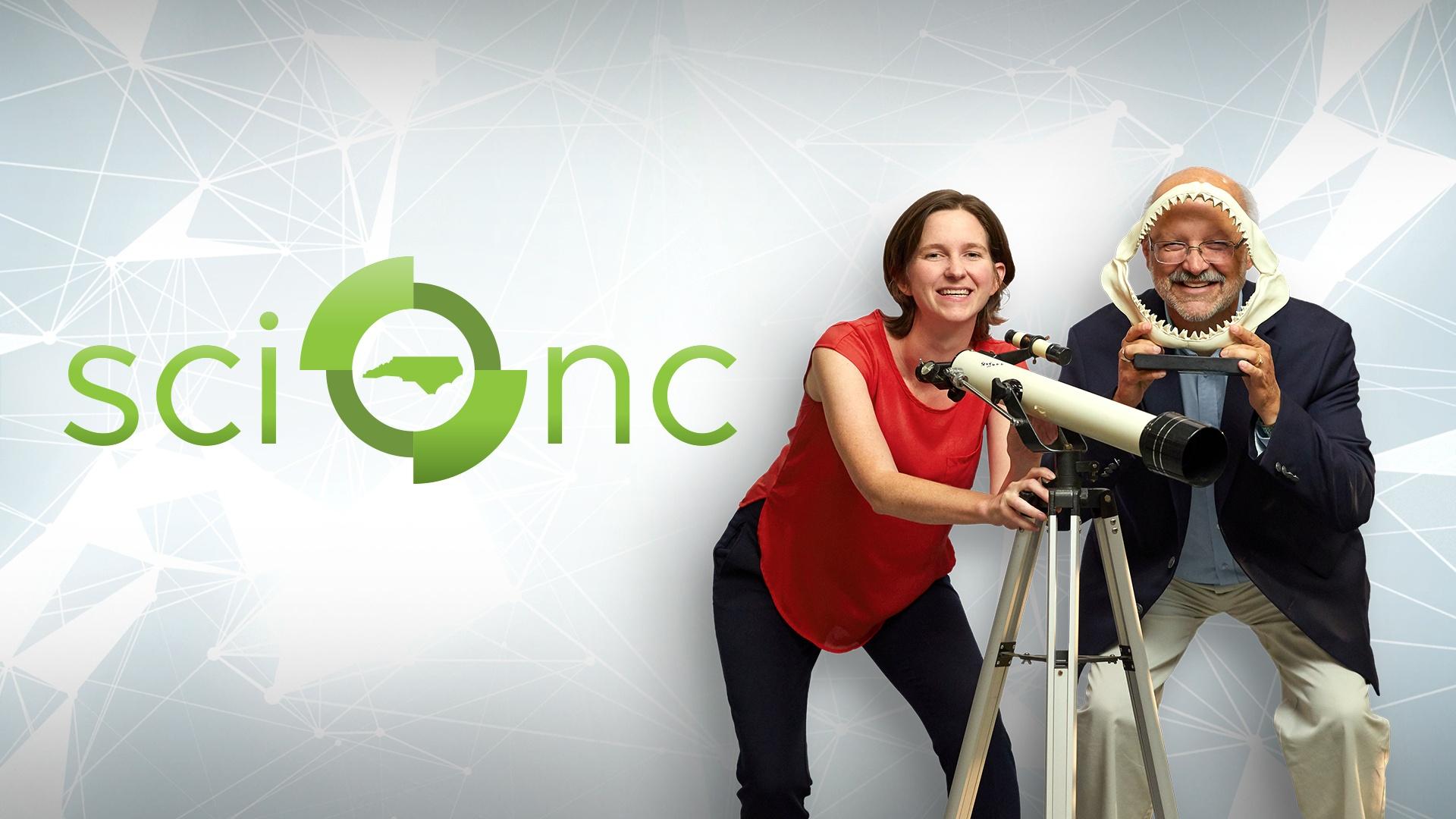 The Sci NC Logo with Rossie Izlar and Frank Graff crouching in front of a white and grey background with a ski telescope and shark jaw bone skeleton.