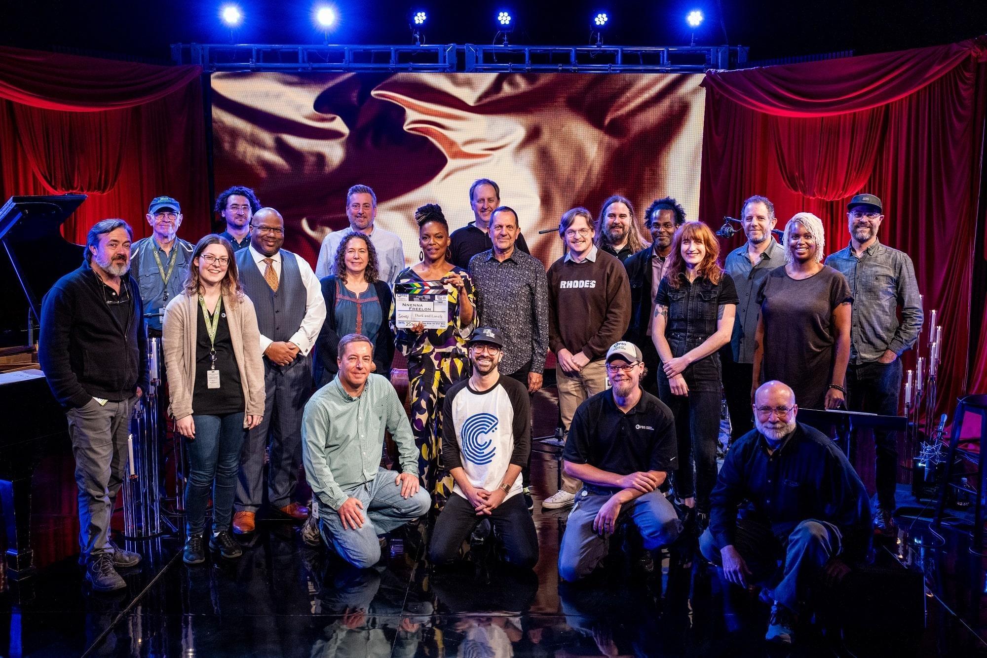 Nneena Freelon, her band and the Shaped by Sound production team posing together on set.