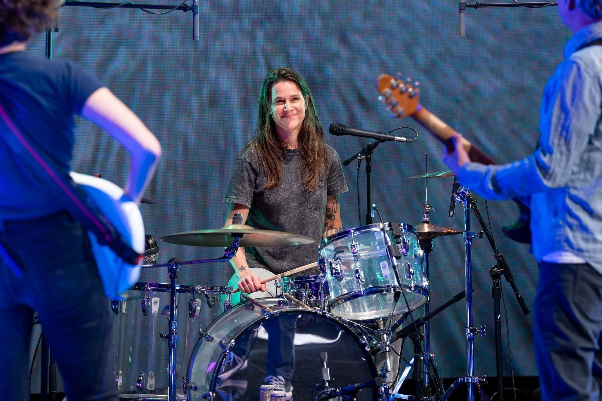 Laura King, drummer of Superchunk behind her drum set.