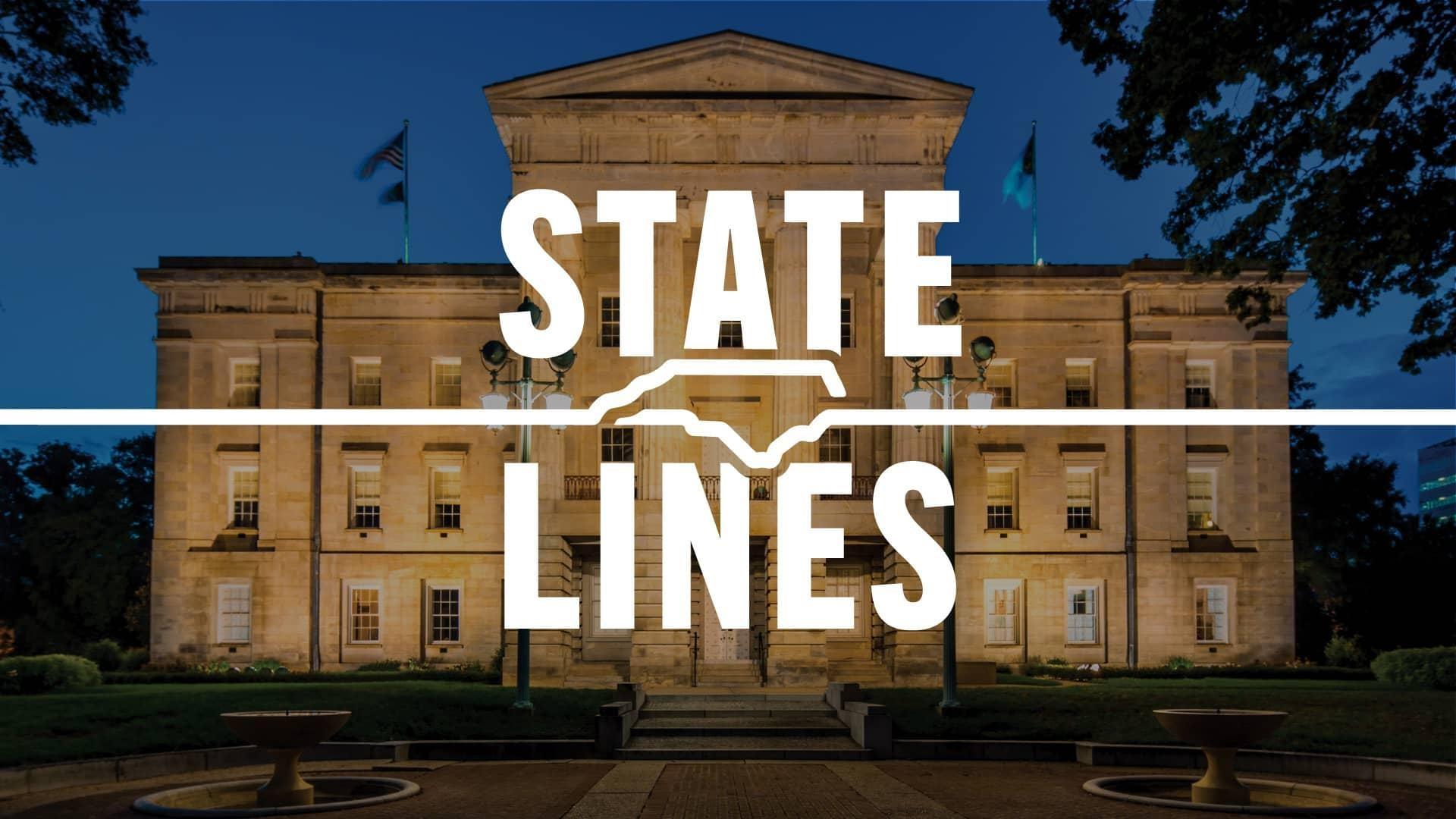 State Lines text stacked with an outline of NC in between, superimposed over an image of the NC capitol building lit up at night.