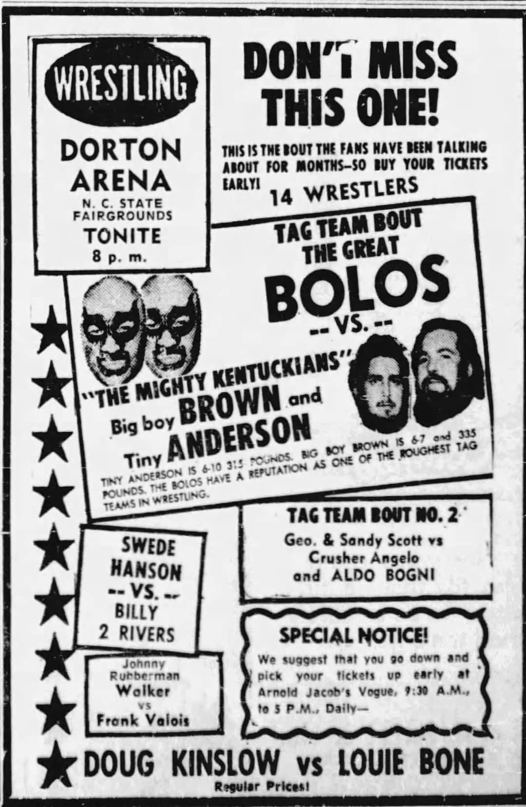 Earliest known advertisement for a wrestling show in Dorton Arena. The News and Observer, February 26, 1963.