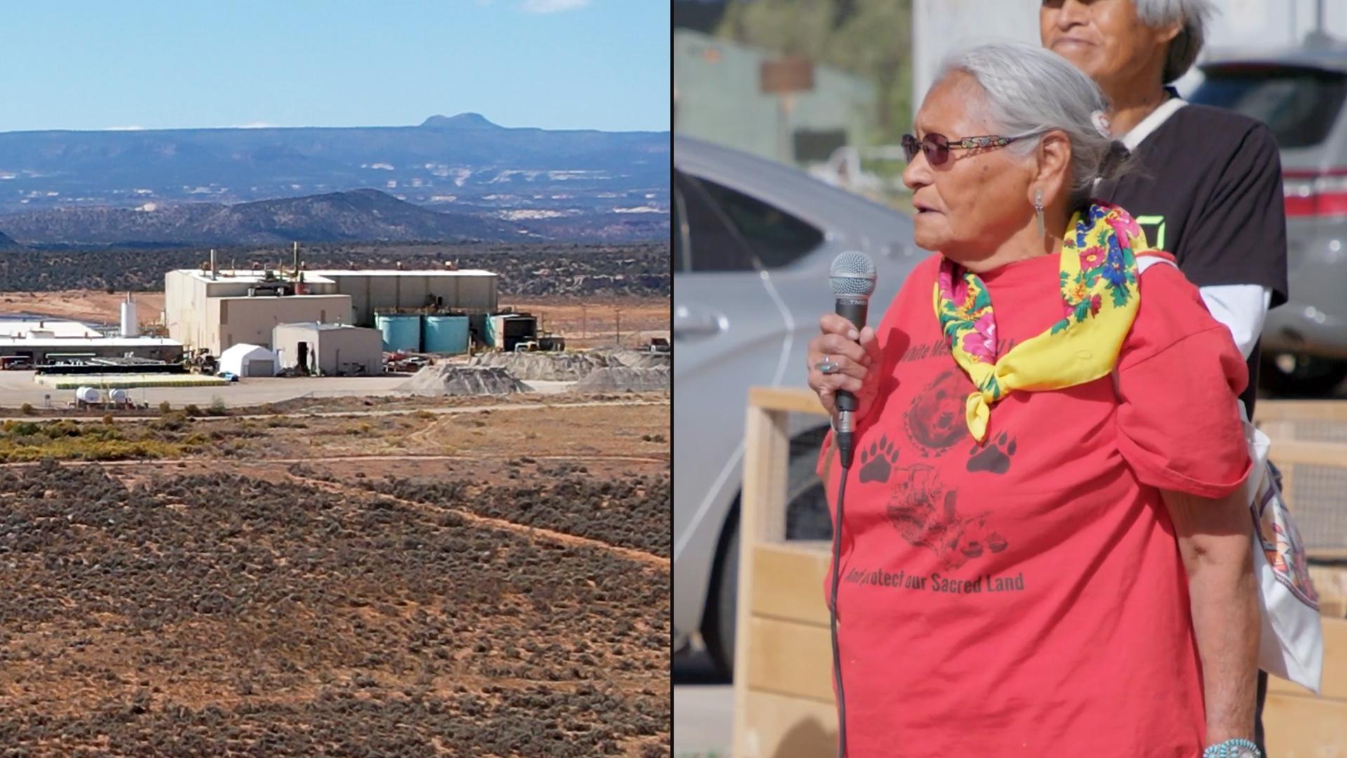 Image of the White Mesa Uranium Mill in the desert, along with a woman dressed in red tee shirt speaking into a microphone