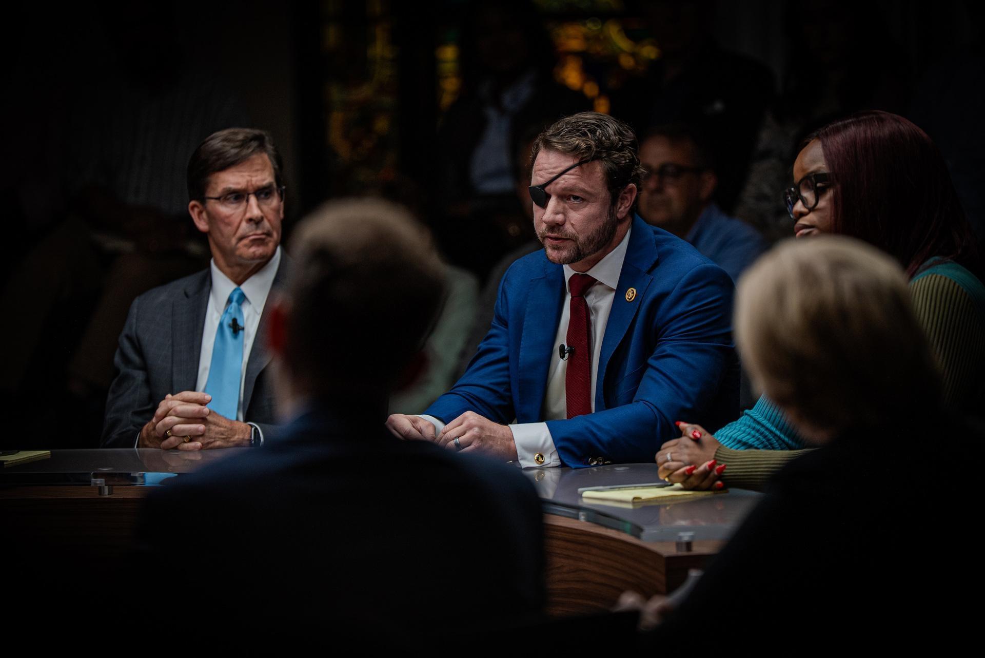 Dr. Mark T. Esper, Congressman Dan Crenshaw, and Brittany Packnett Cunningham on the set of BREAKING the DEADLOCK.