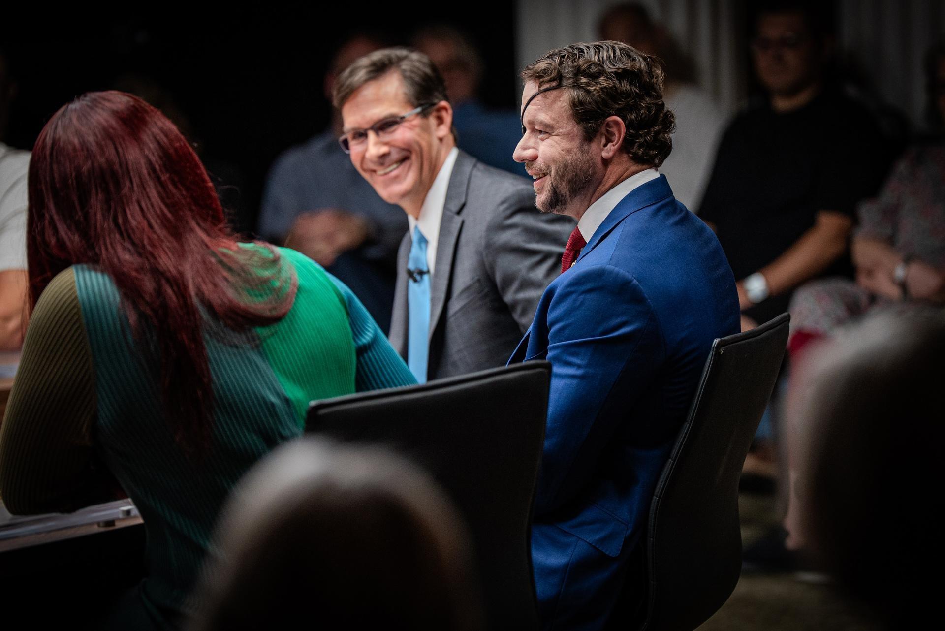 Dr. Mark T. Esper and Congressman Dan Crenshaw on the set of BREAKING the DEADLOCK.