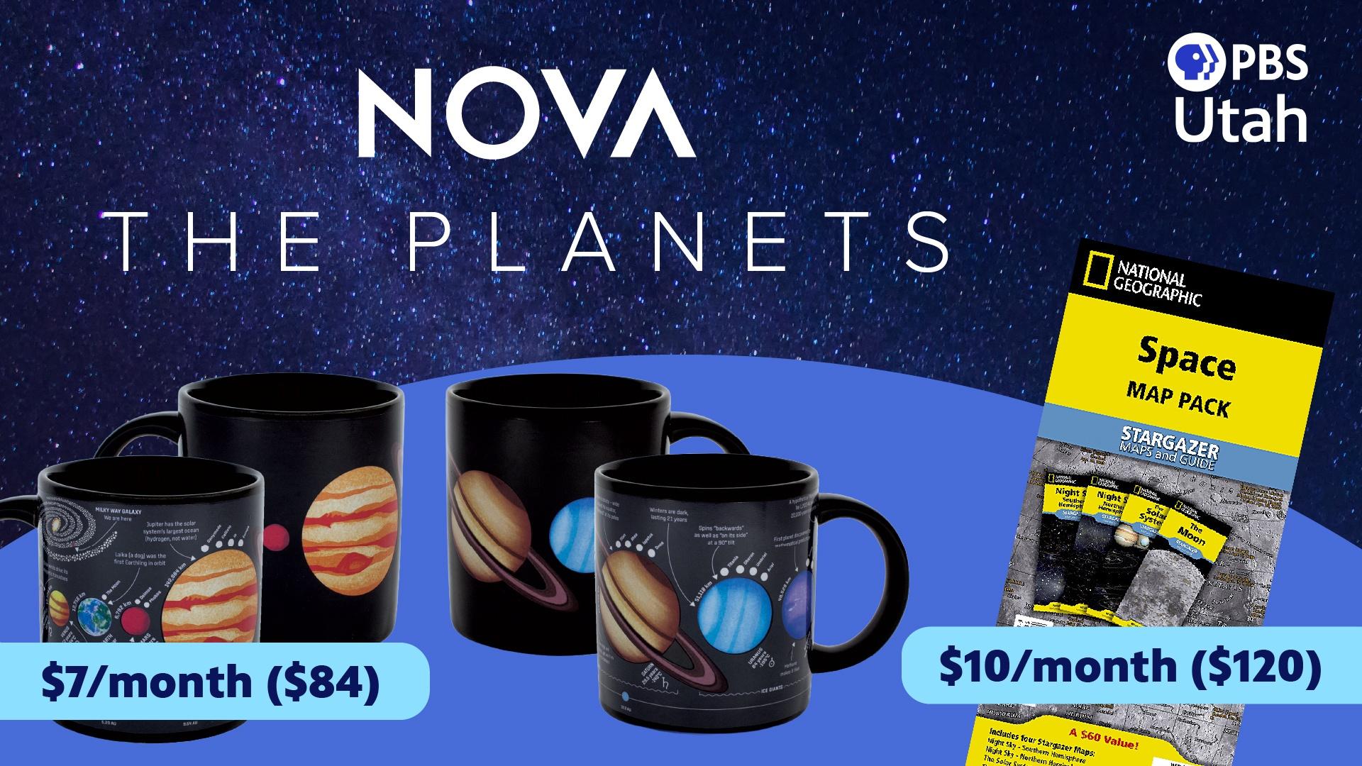 NOVA, The Planets is airing tonight! Donate today for mugs, mags, and more. Image of mugs and a beautiful space image.
