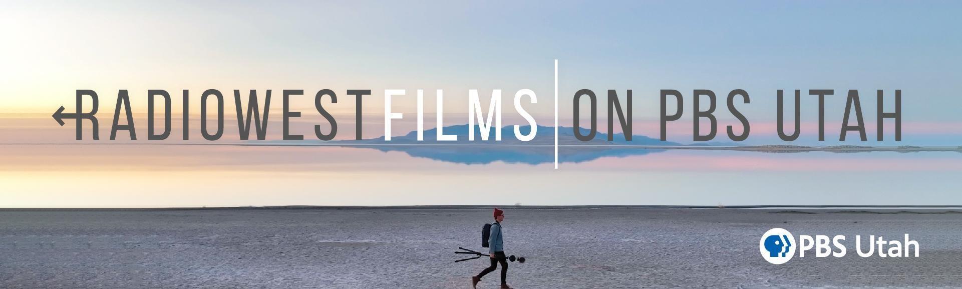 Web banner image for RadioWest Films on PBS Utah. Beautiful sunset on the Great Salt Lake with filmographer walking across the image.