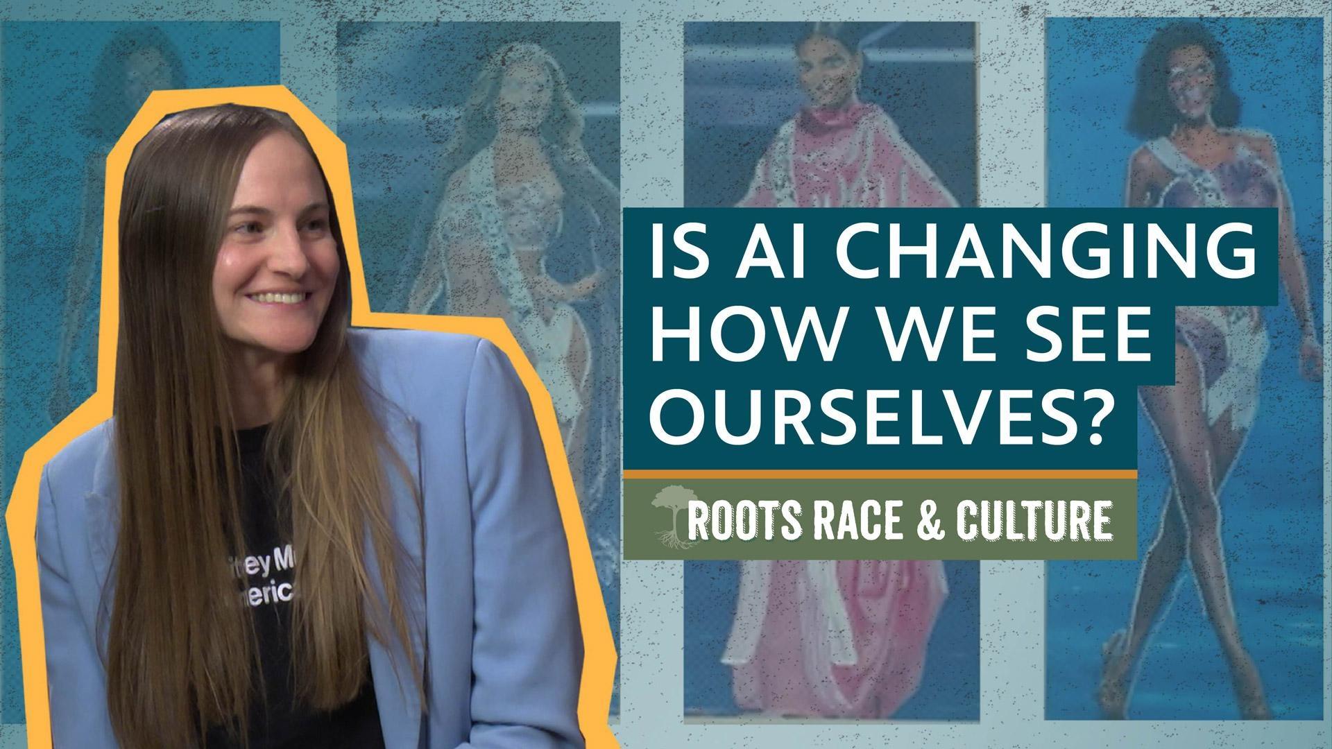 Woman with long hair smiling with images of AI generated female figures in the background.