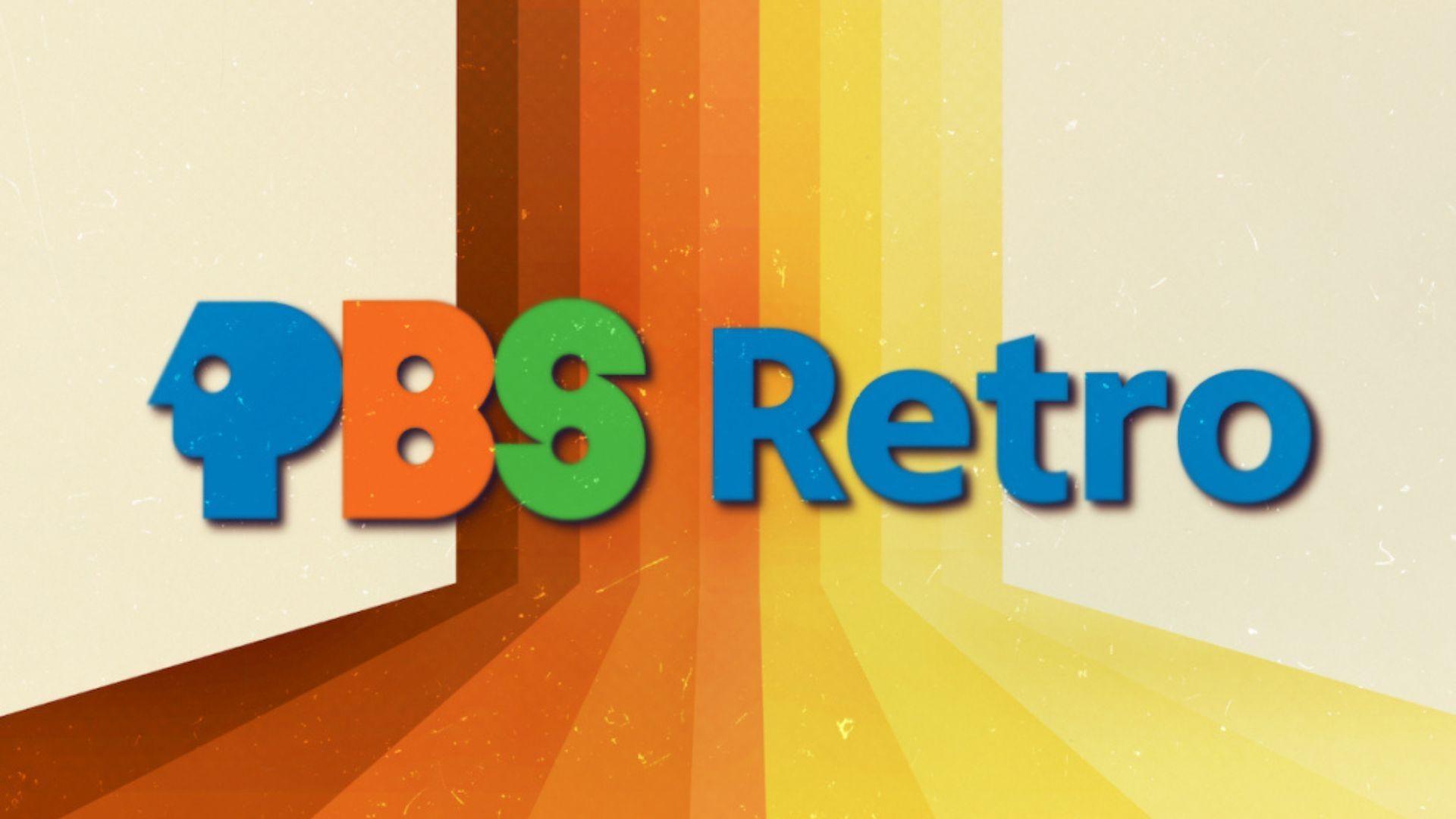 Background: orange and yellow retro style stripes. Old blue, orange, and green PBS logo followed by "Retro" in blue text