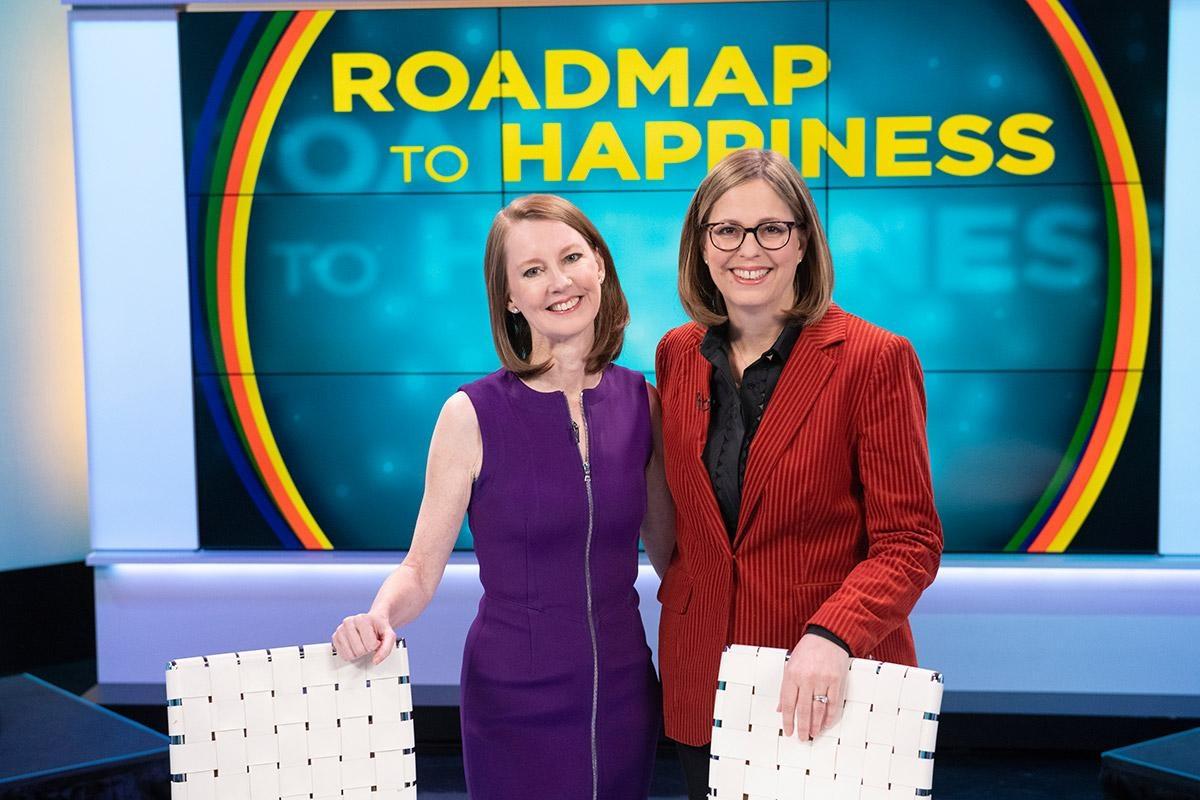 Gretchen Rubin and Elizabeth Craft on the set of Roadmap to Happiness