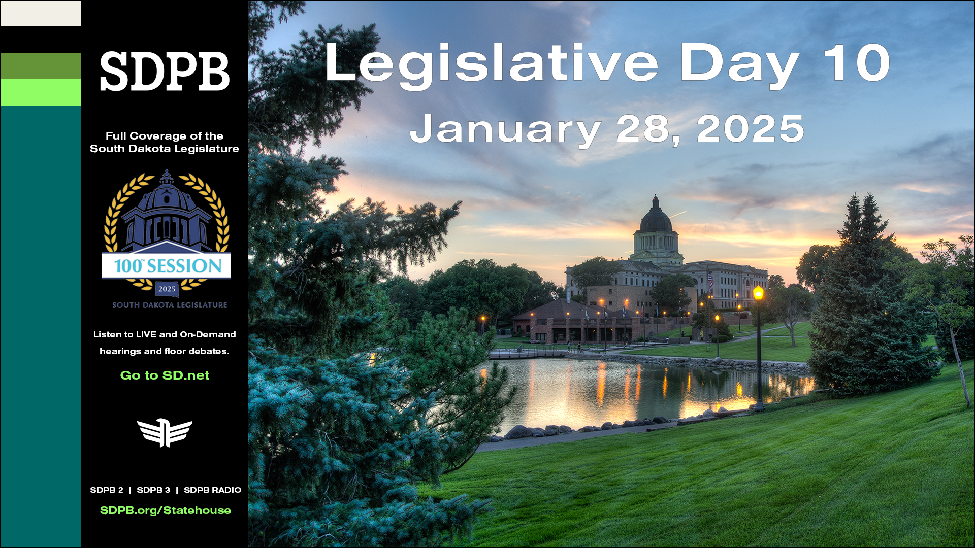 SDPB logo - white text on black block with 100th Session seal on photo of the capitol building in Pierre