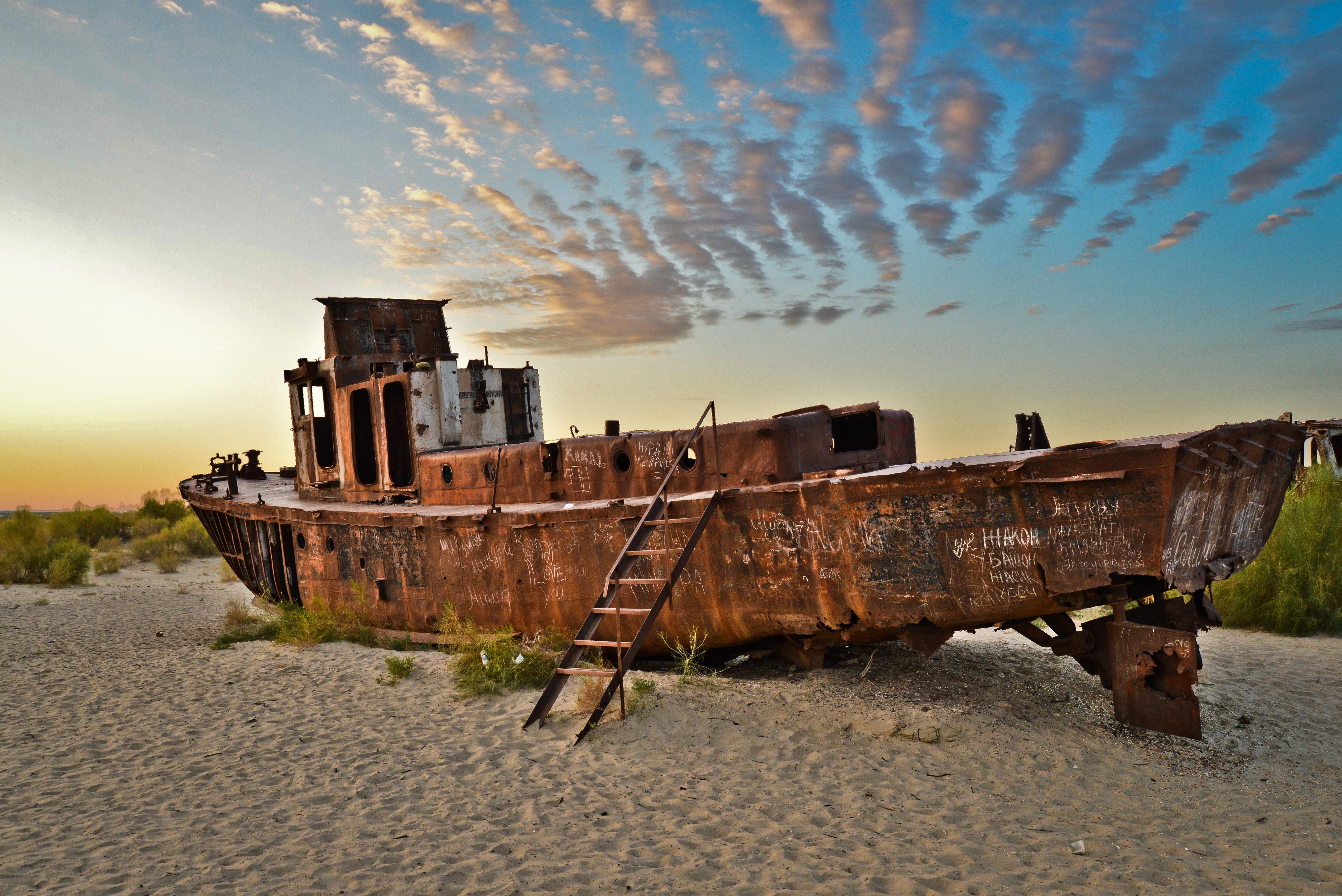 Old ship grounded on the sand.