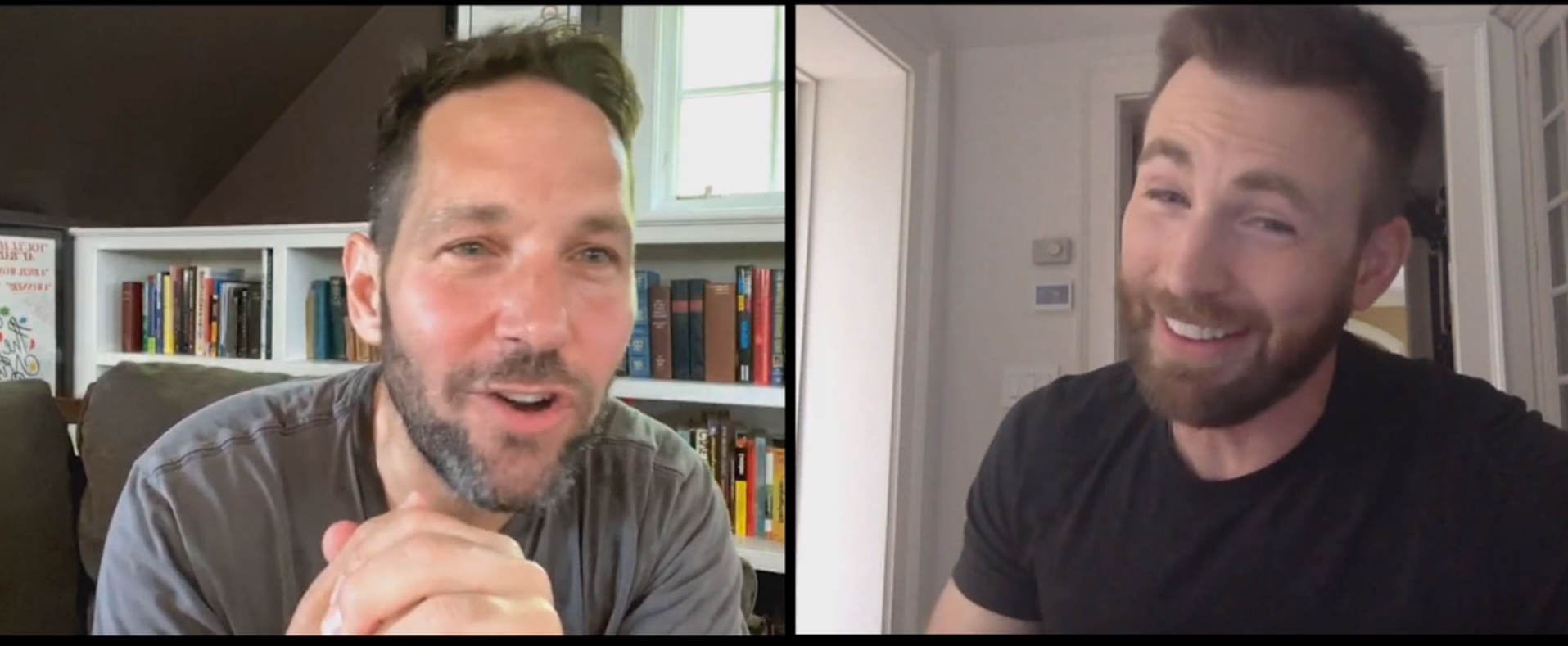Paul Rudd and Chris Evans speaking on Zoom. 