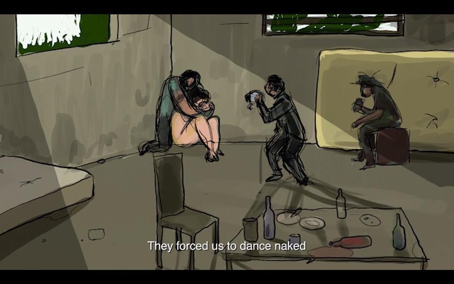 An illustration of a woman being held captive