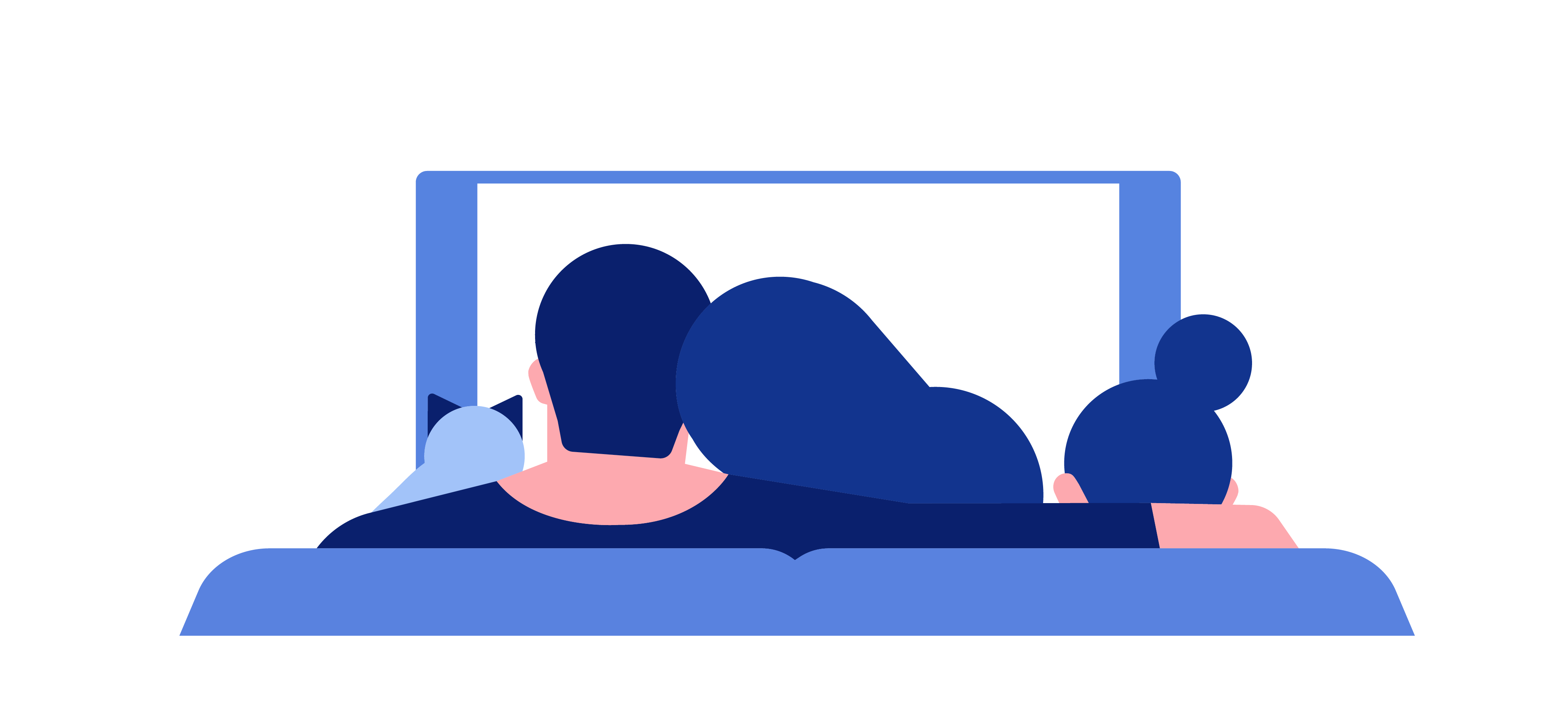 Illustration of three people sitting on a couch watching TV together