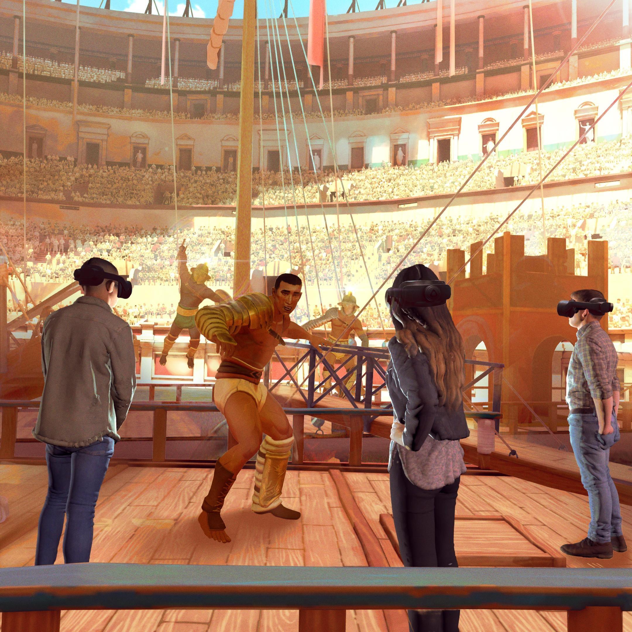 Attendees stand inside the colosseum with a gladiator during the VR experience