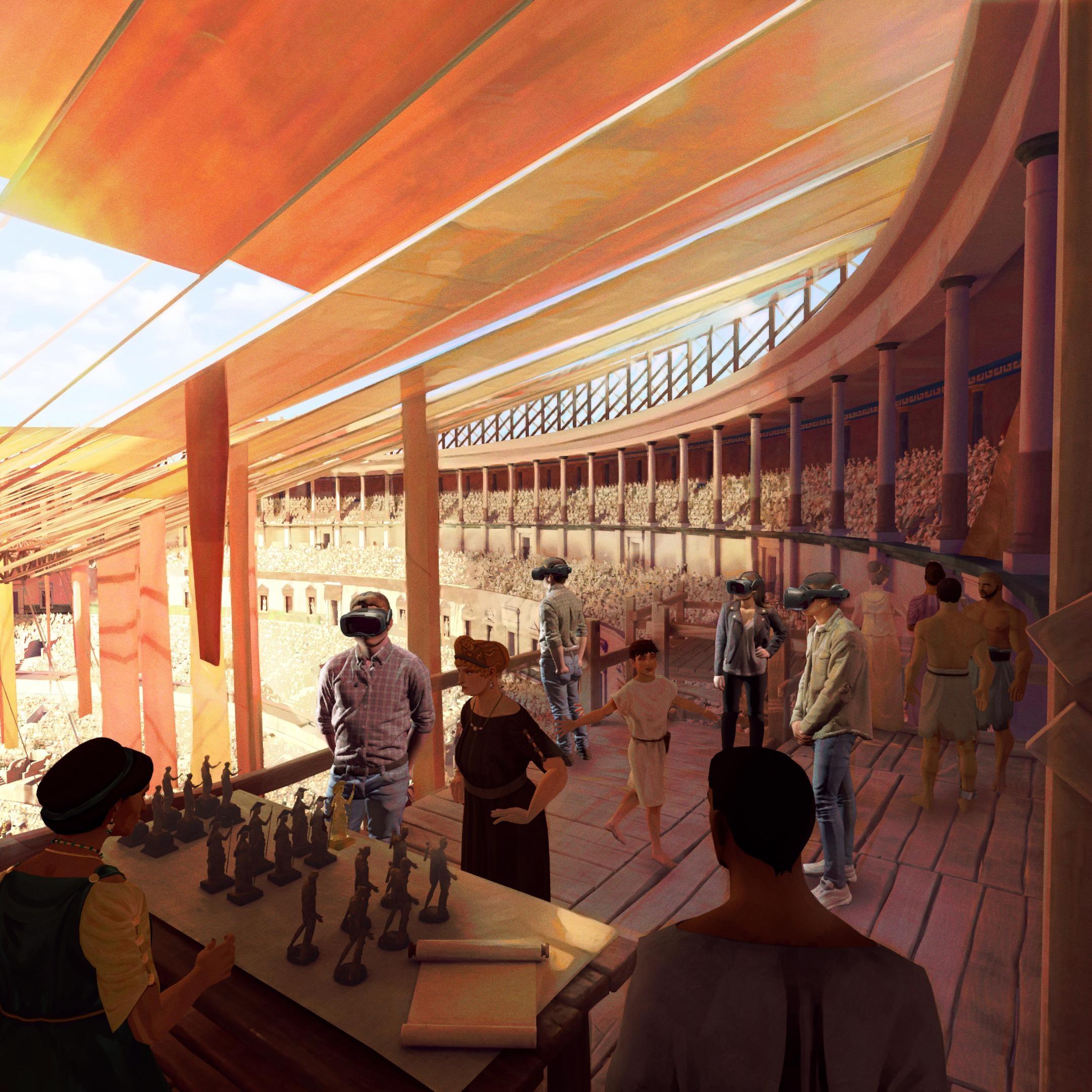 Attendees look out over the stands inside the colosseum with a gladiator during the VR experience