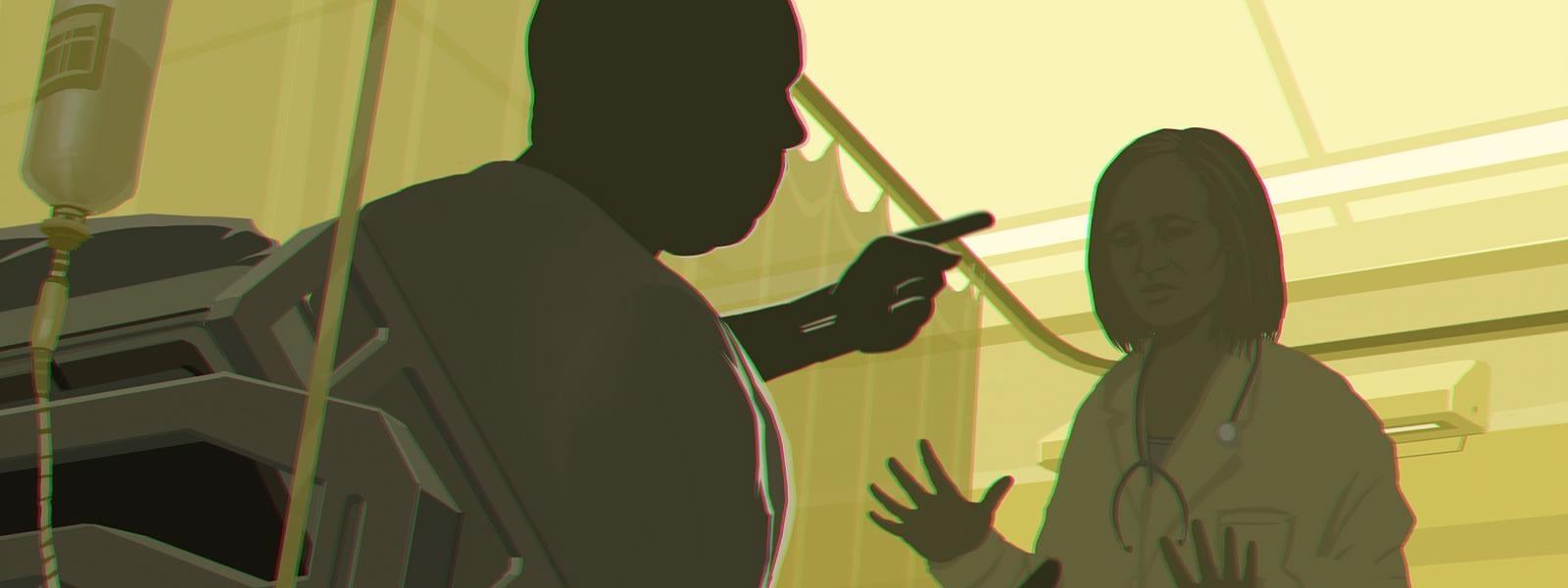 Image from the film depicting a man gesturing to a nurse