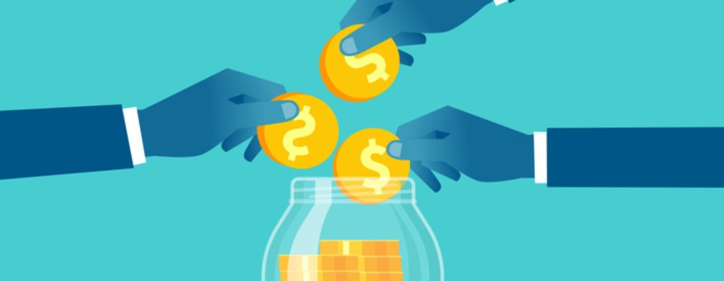 Three hands placing coins into a jar