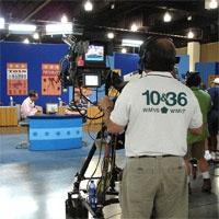 Photograph from behind the camera lens in the PBS Studio B