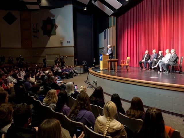 Governor Tony Evers addresses the audience at Milton High School.