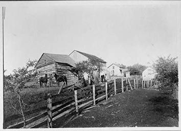 Photo of Log House, Split Rail Fence, Early Settlers, Horses