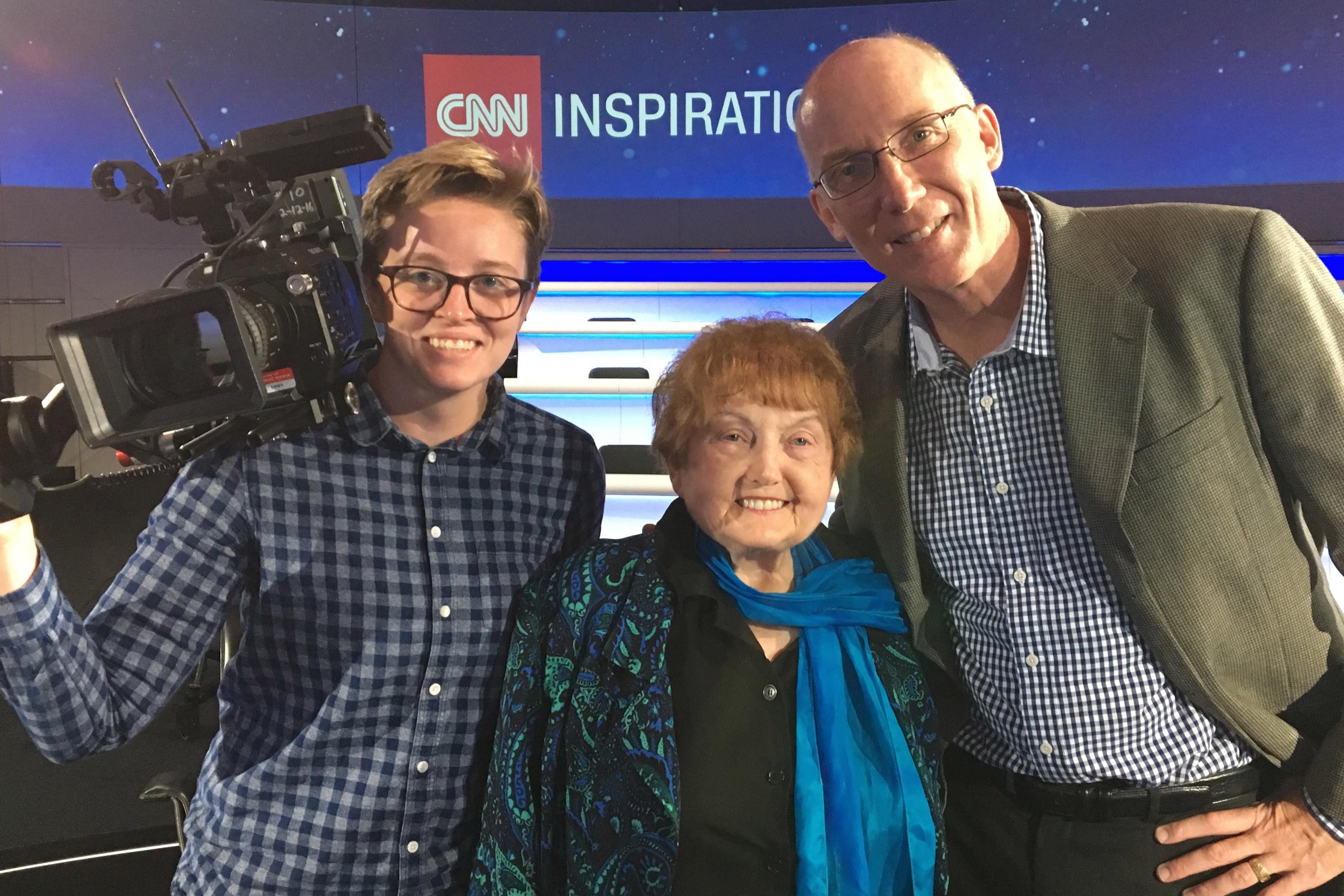 Ted Green, Mika Brown, and Eva Kor at the CNN London studio.