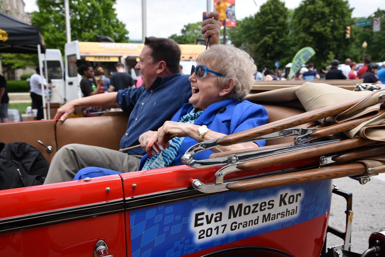 Eva Kor as the 2017 Grand Marshall for the OneAmerica 500 Festival Parade in Indianapolis.