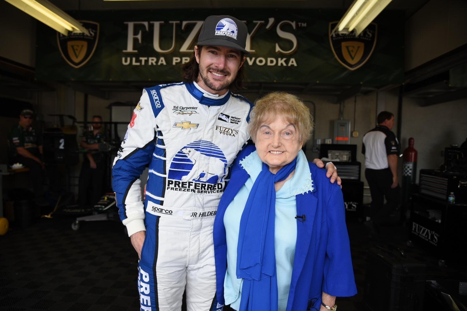 Eva Kor with Indianapolis 500 driver JR Hildebrand.