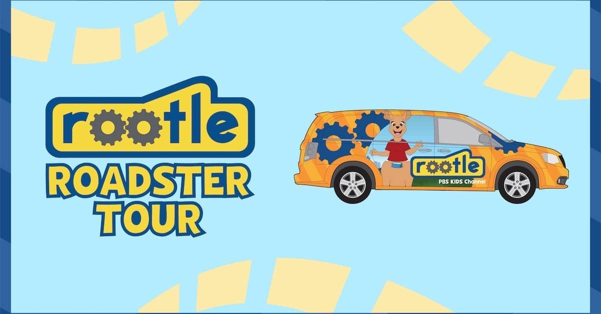 Colorful graphic treatment with rootle logo and text Roadster Tour next to a graphic of a car with the rootle logo on it