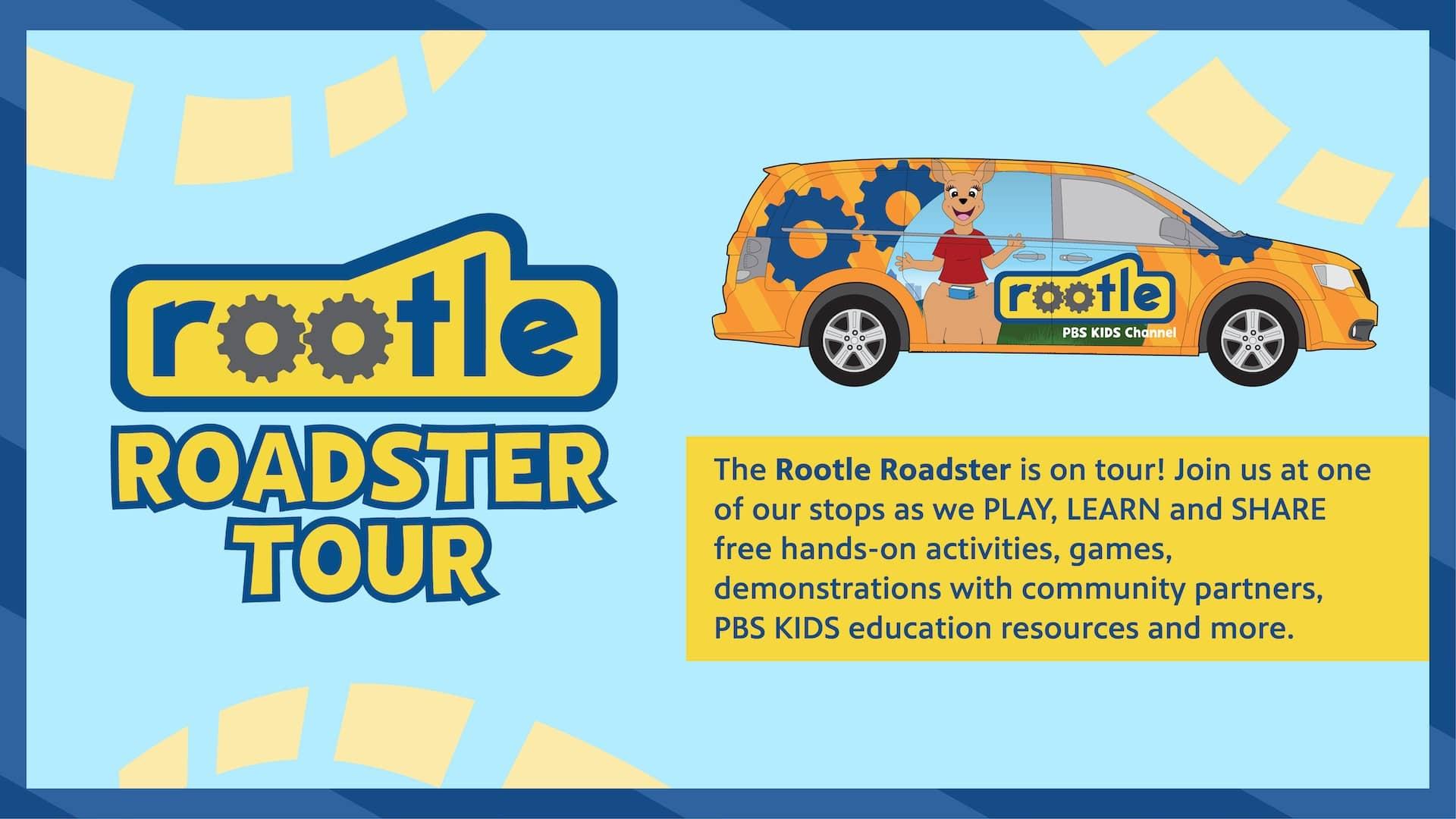Colorful graphic with the Rootle Roadster Tour logo and a vehicle with rootle branding on it
