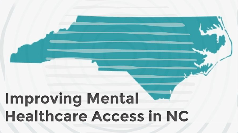 Aqua silhouette of North Carolina with text of Improving Mental Healthcare Access in NC on white background