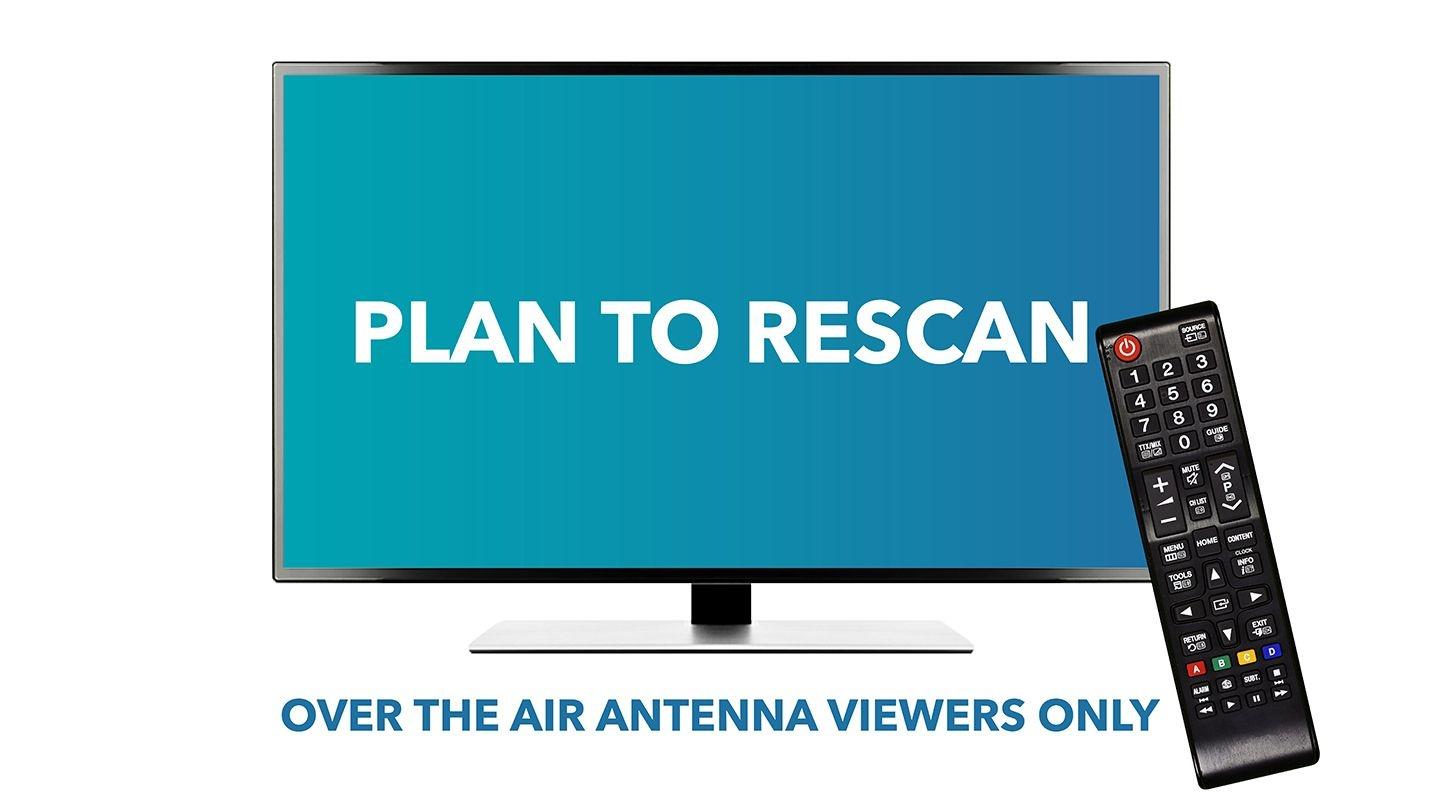 TV screen and remote with September 11 rescan logo