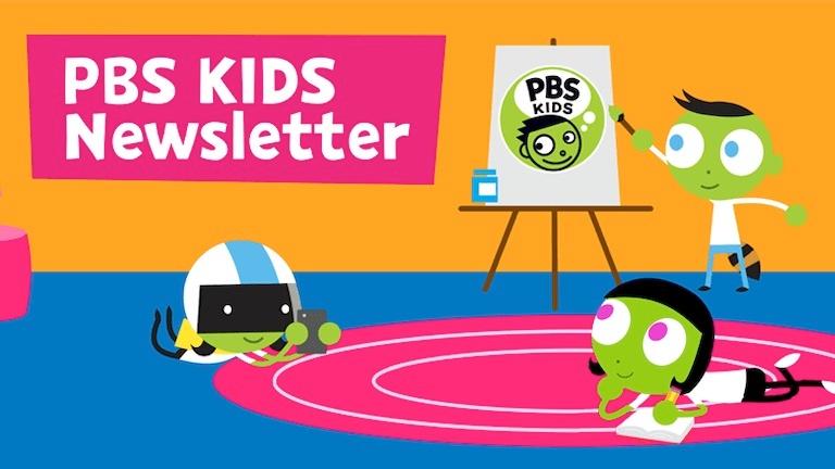 Colorful graphic treatment of children in a play space with the text "PBS KIDS Newsletter" in white on a bright pink background.