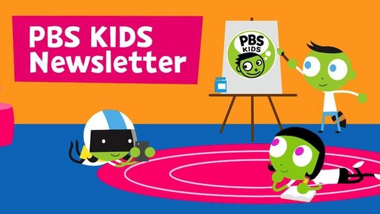 Colorful graphic treatment of children in a play space with the text "PBS KIDS Newsletter" in white on a bright pink background.